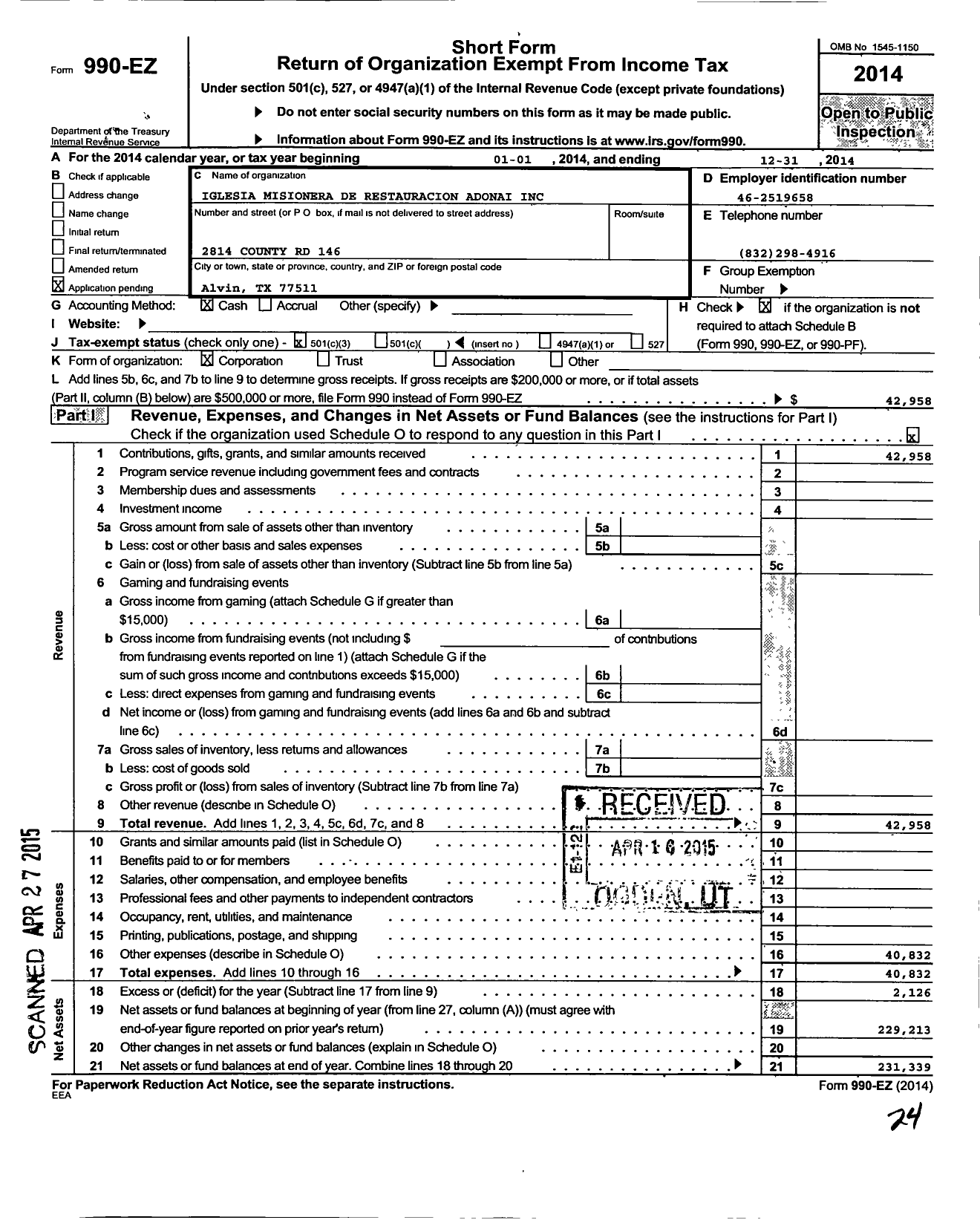 Image of first page of 2014 Form 990EZ for Iglesia Misionera de Restauracion