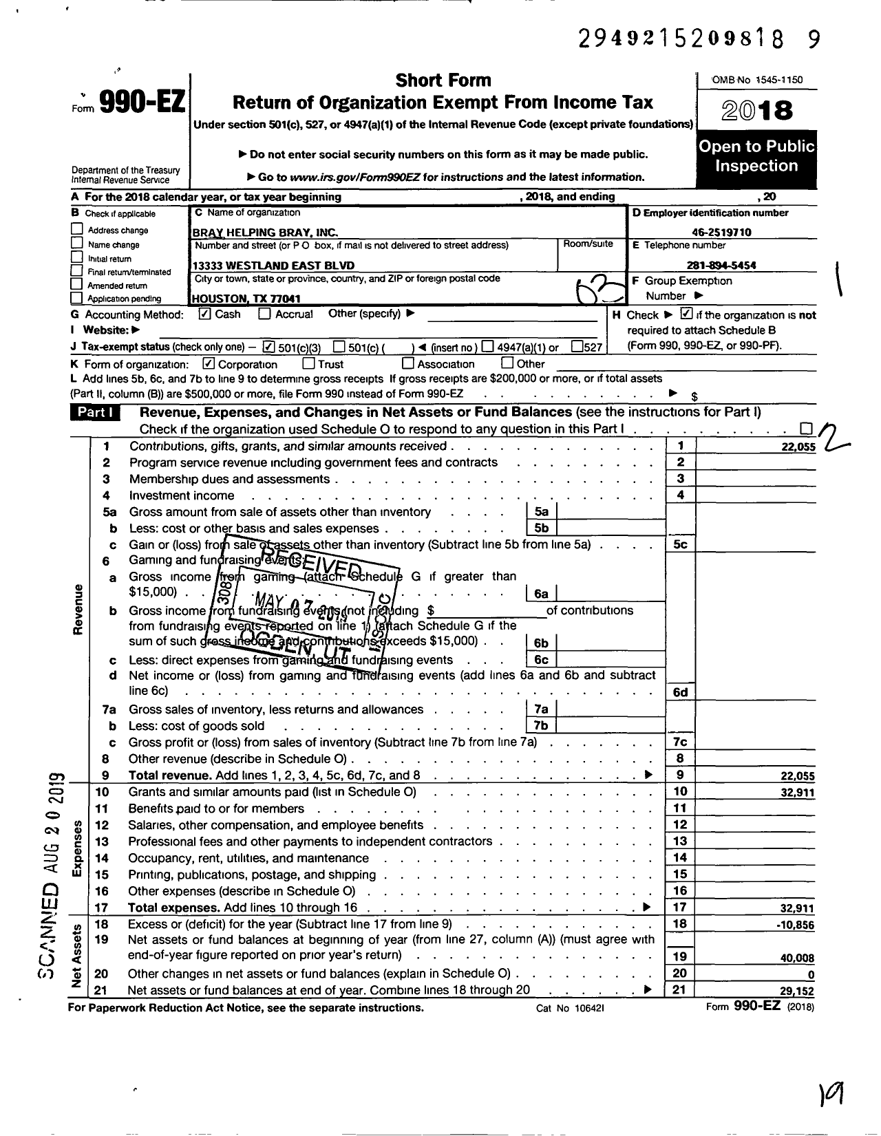 Image of first page of 2018 Form 990EZ for Bray Helping Bray