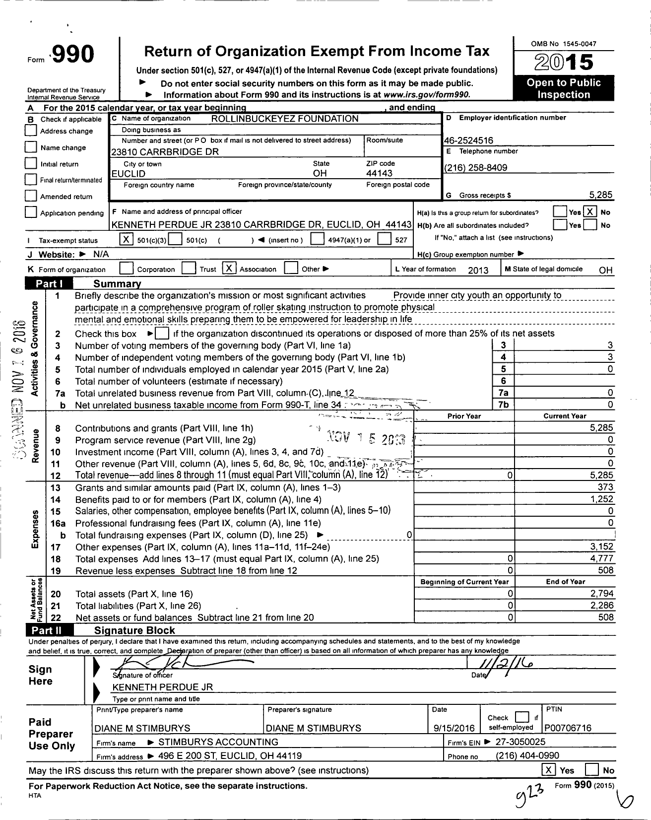 Image of first page of 2015 Form 990 for Rollinbuckeyez Foundation