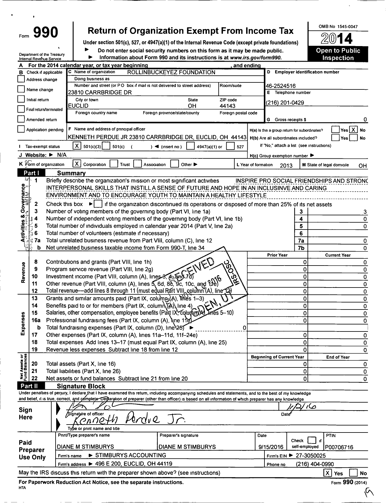 Image of first page of 2014 Form 990 for Rollinbuckeyez Foundation