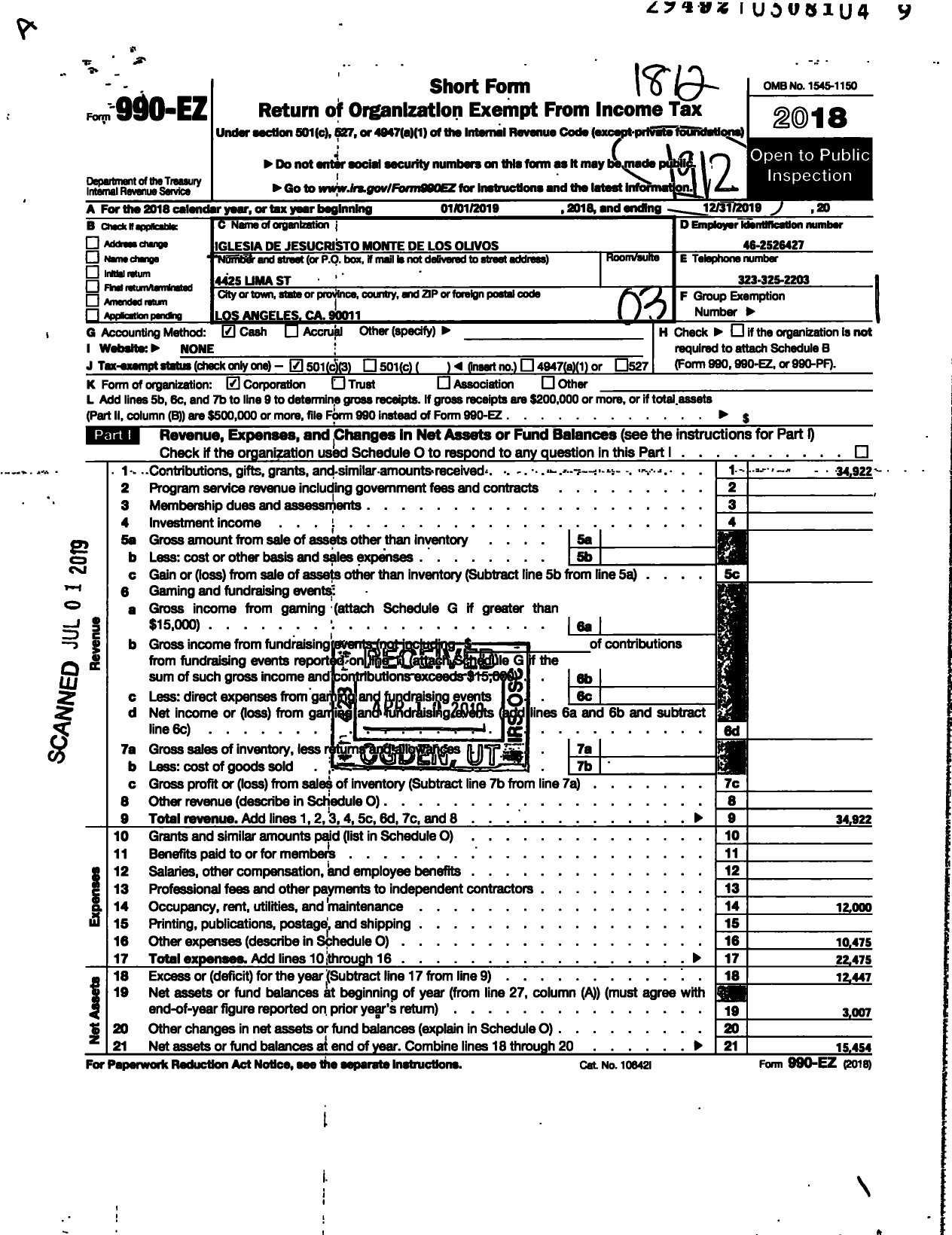 Image of first page of 2019 Form 990EZ for Iglesia de Jesucristo Monte de Los Olivos A Corporation Sole