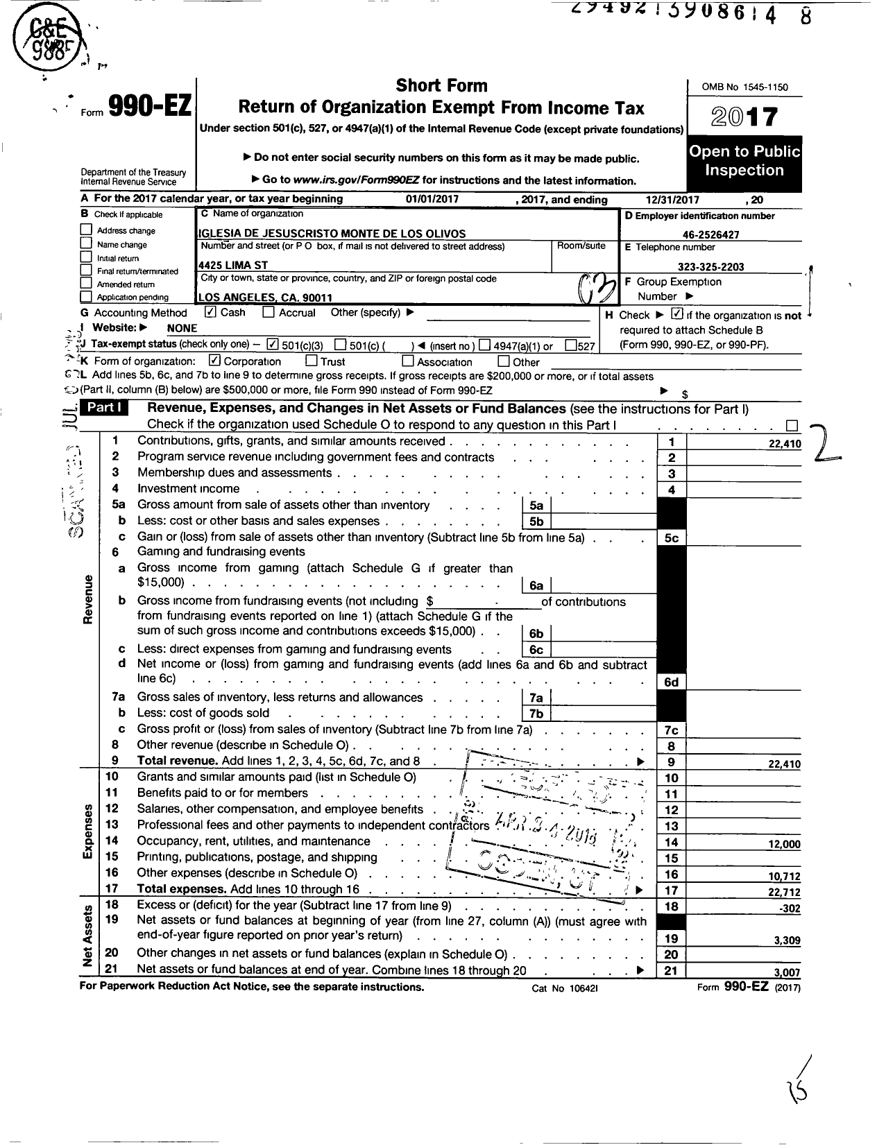 Image of first page of 2017 Form 990EZ for Iglesia de Jesucristo Monte de Los Olivos A Corporation Sole