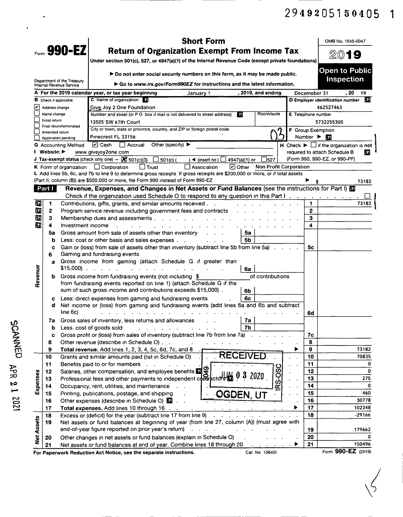 Image of first page of 2019 Form 990EZ for Give Joy 2 One Foundation