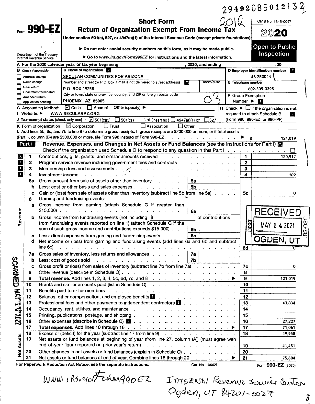 Image of first page of 2020 Form 990EZ for Secular Communities for Arizona