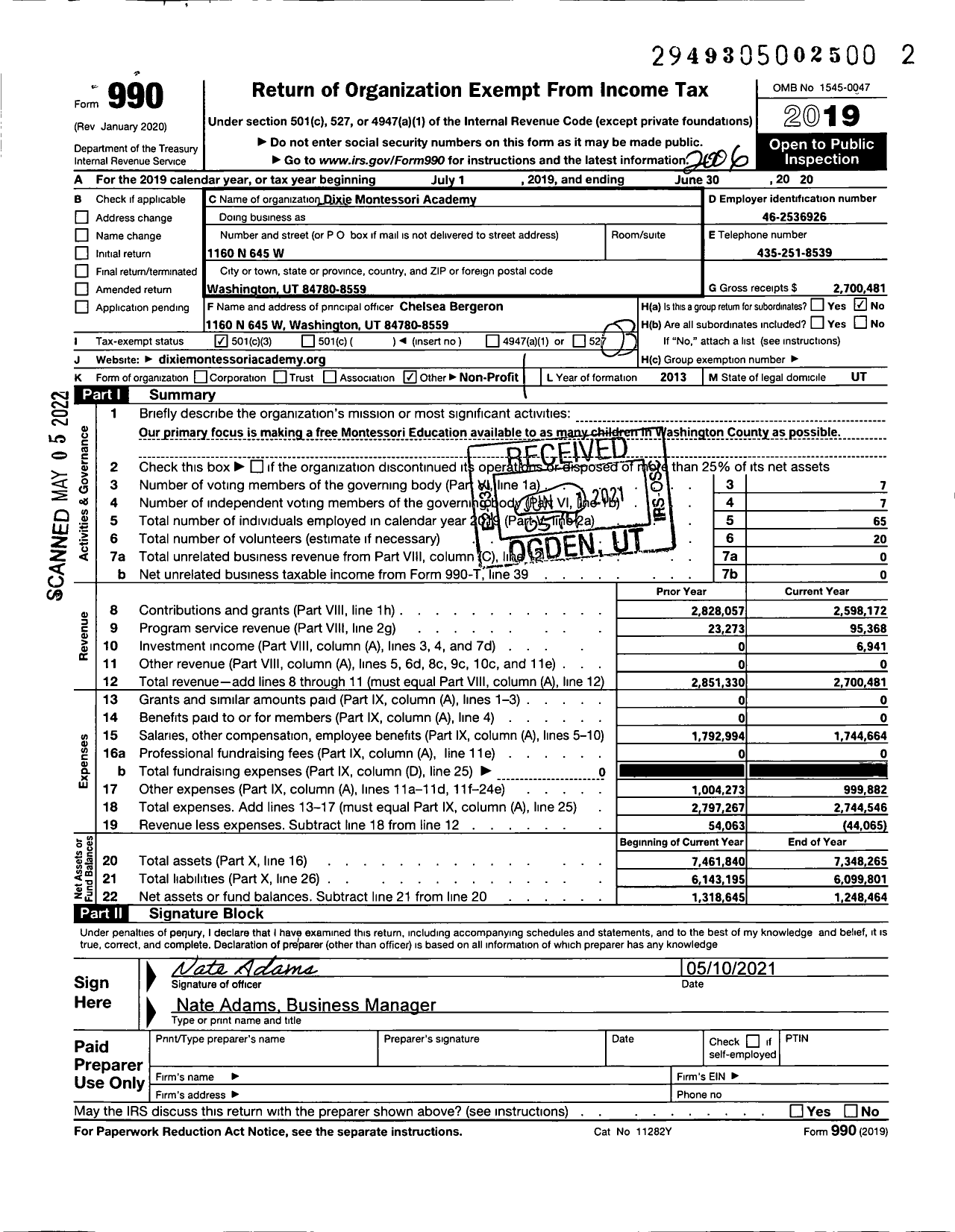 Image of first page of 2019 Form 990 for Mountain View Montessori