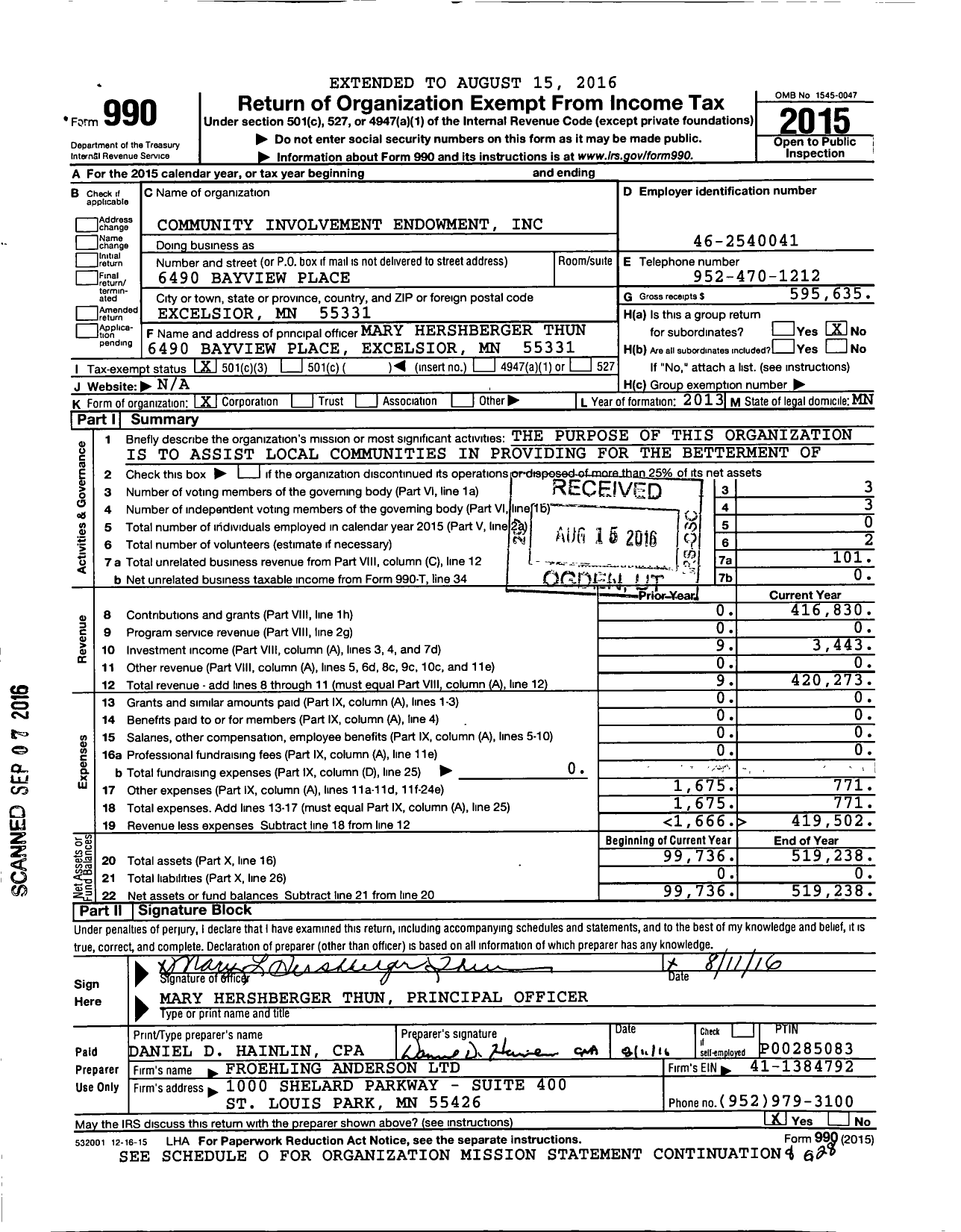 Image of first page of 2015 Form 990 for Community Involvement Endowment