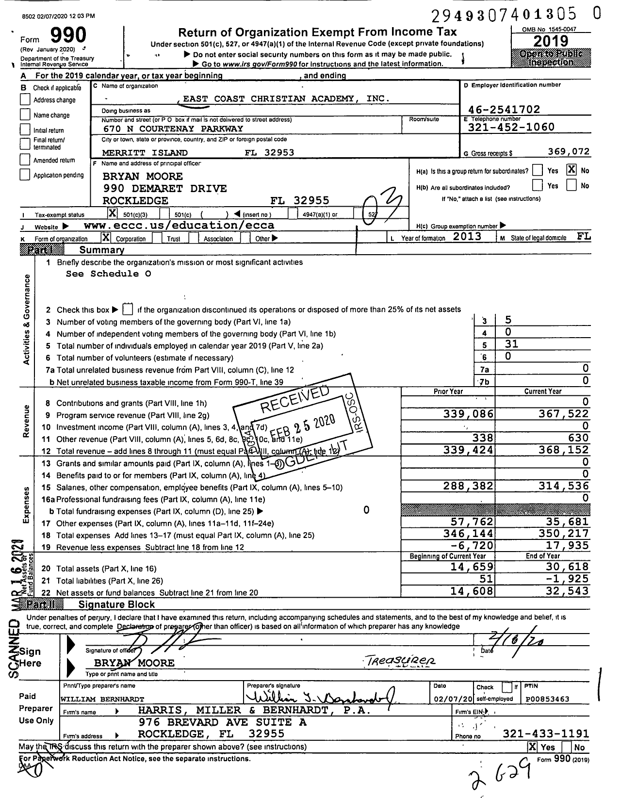 Image of first page of 2019 Form 990 for East Coast Christian Academy