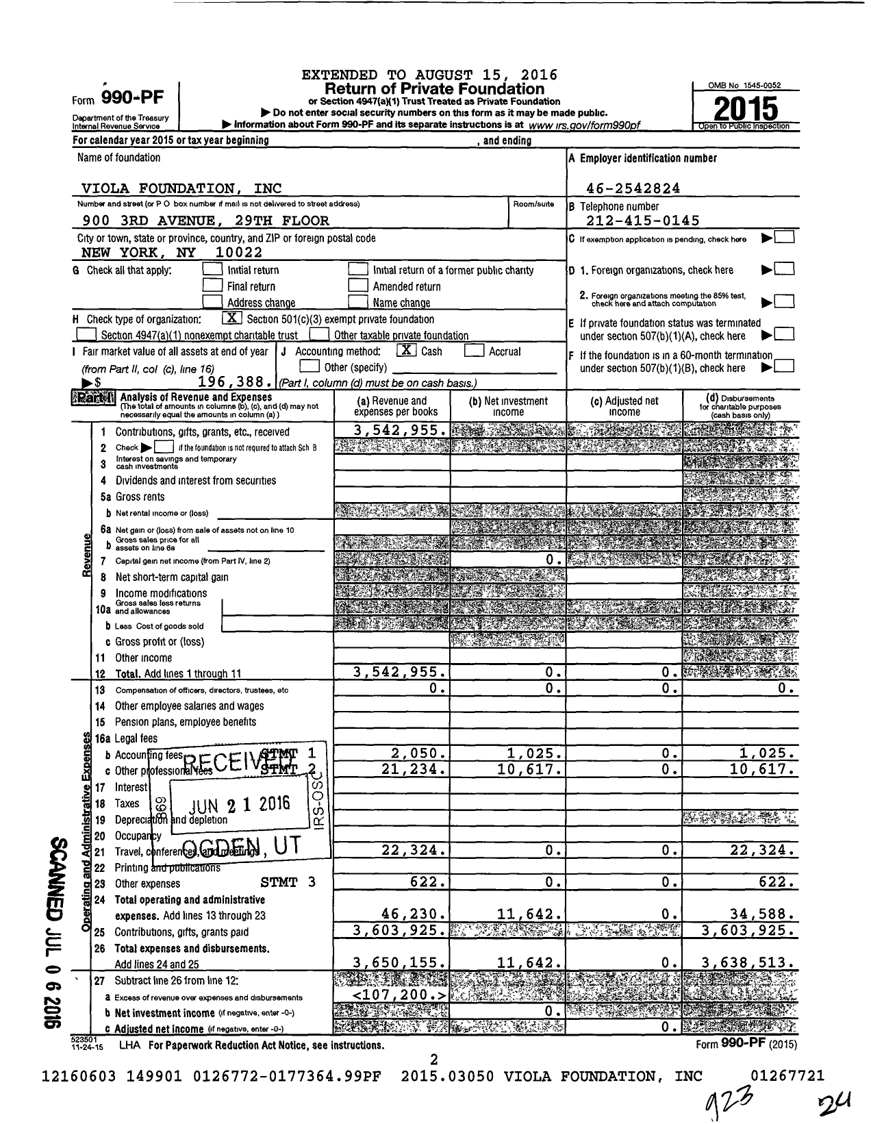 Image of first page of 2015 Form 990PF for Viola Foundation