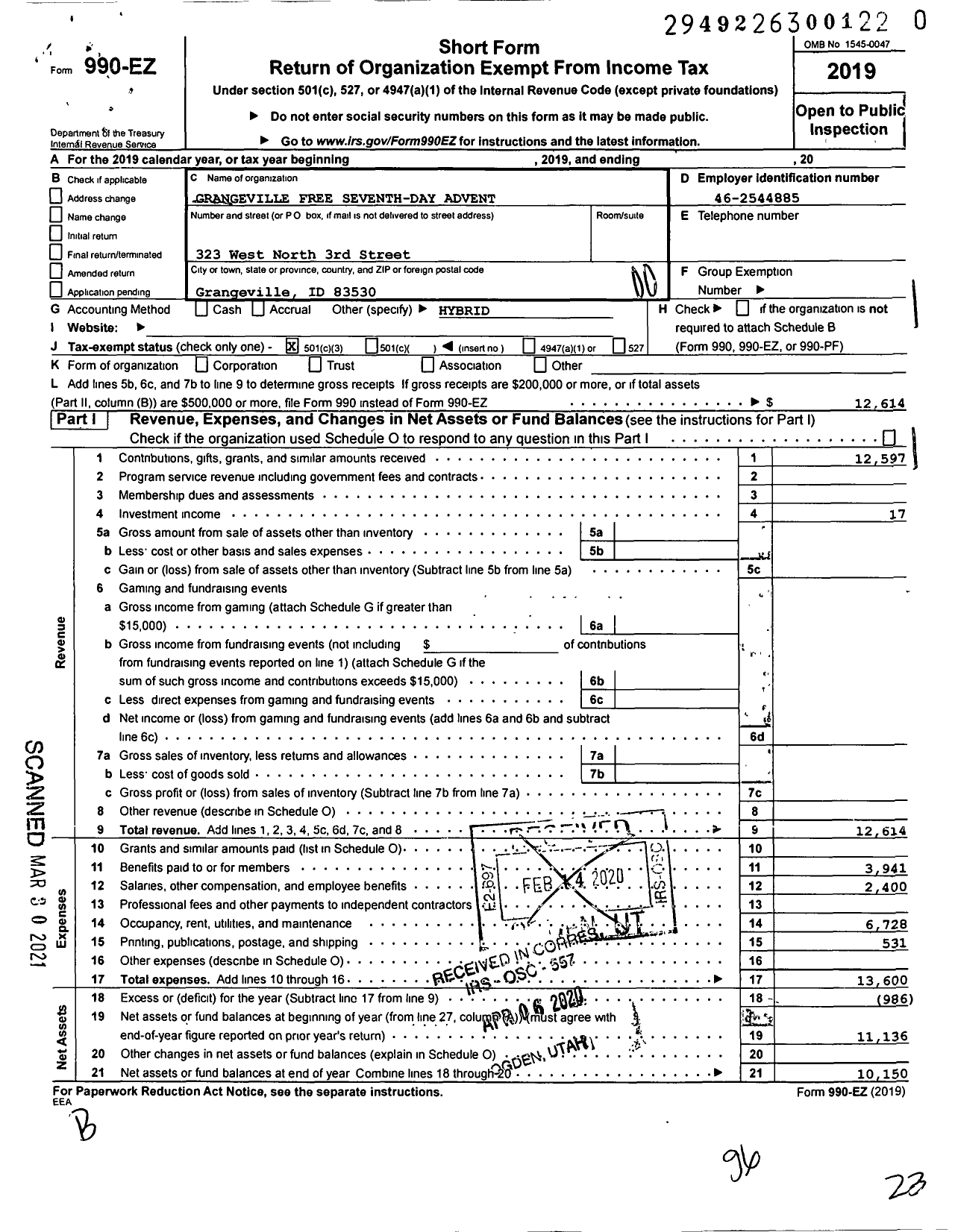 Image of first page of 2019 Form 990EO for Grangeville Free Seventh-Day Adventist Church