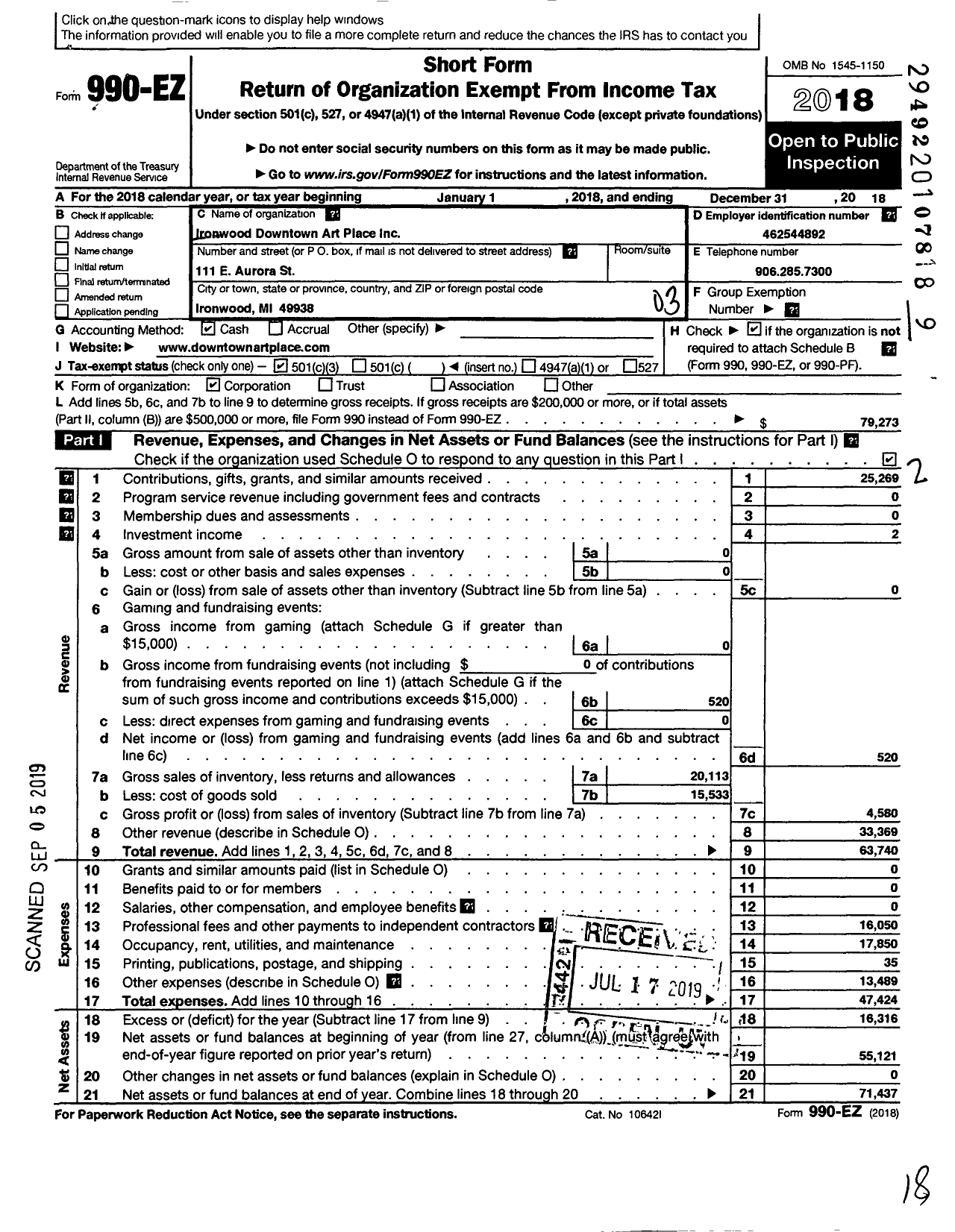 Image of first page of 2018 Form 990EZ for Ironwood Downtown Art Place