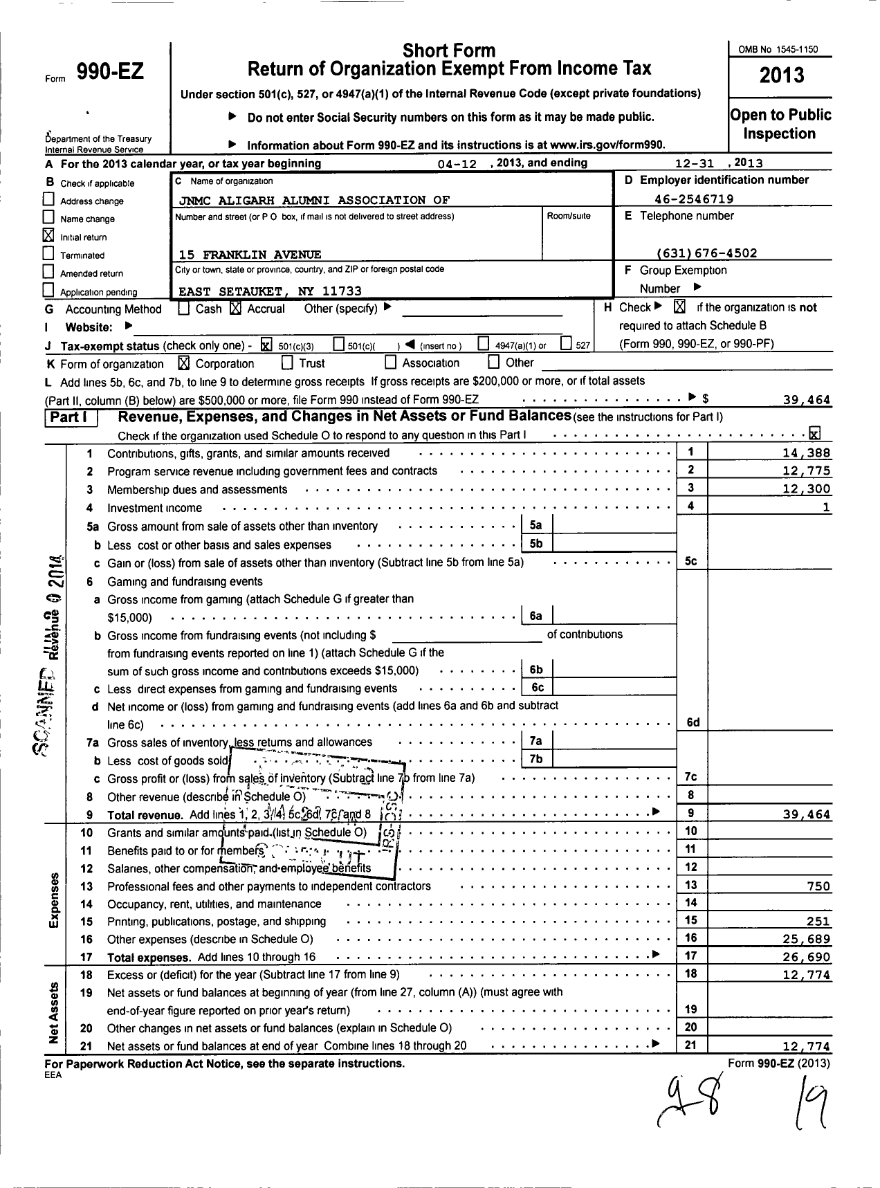 Image of first page of 2013 Form 990EZ for JNMC Aligarh Alumni Association of North America