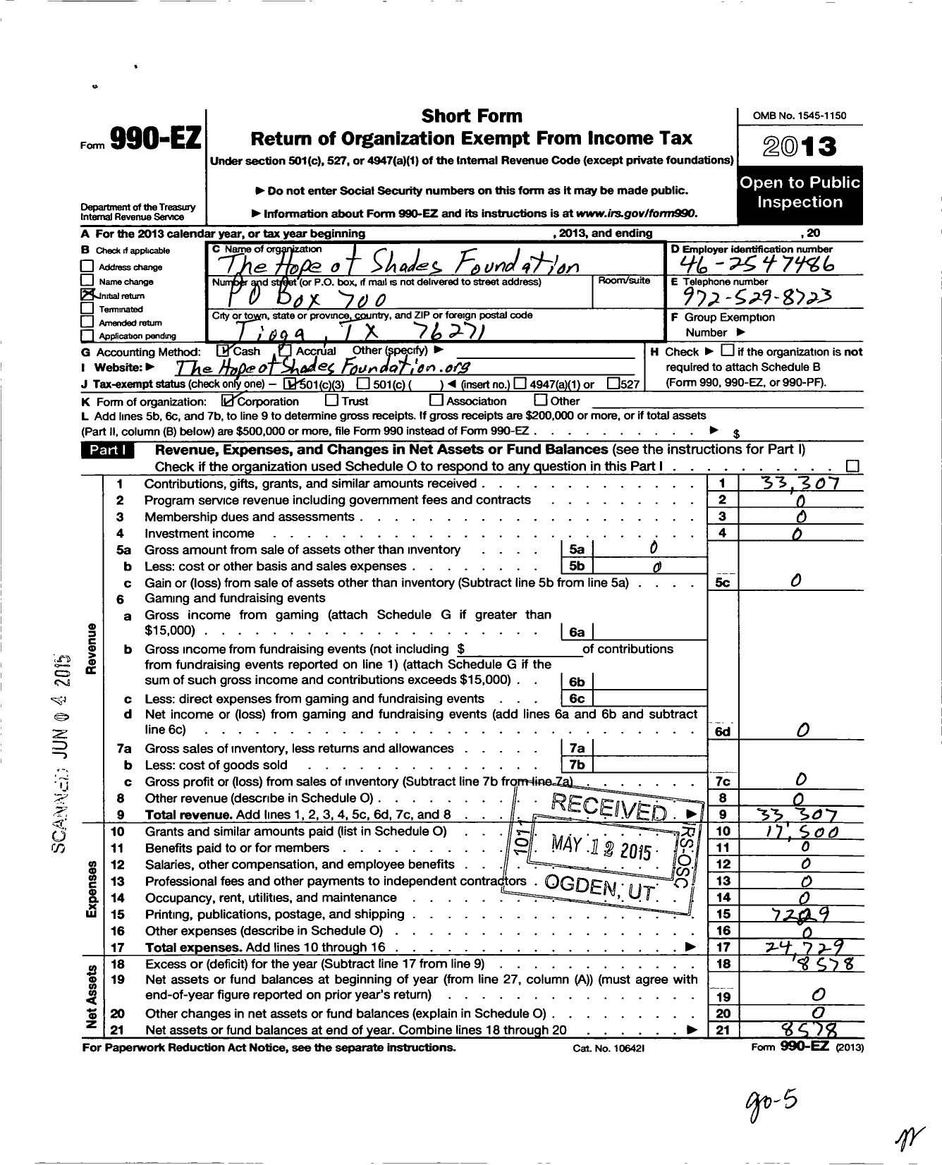 Image of first page of 2013 Form 990EZ for Hope of Shades Foundation