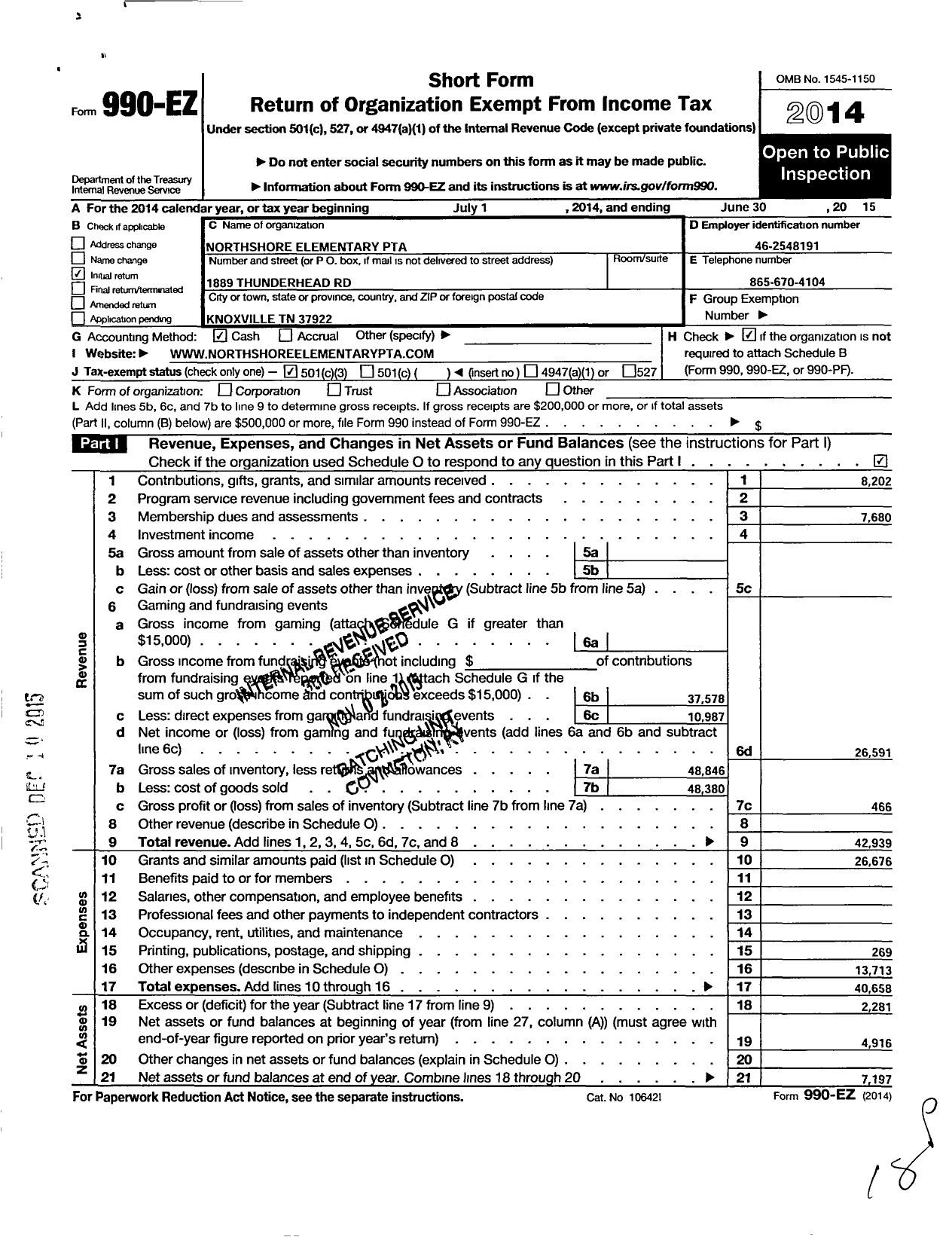 Image of first page of 2014 Form 990EZ for Northshore Elementary PTA