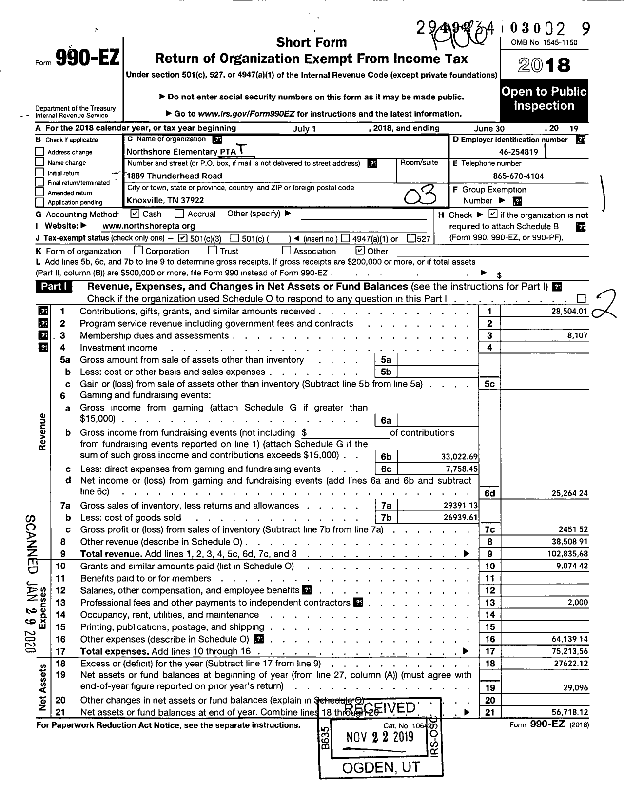 Image of first page of 2018 Form 990EZ for Northshore Elementary PTA