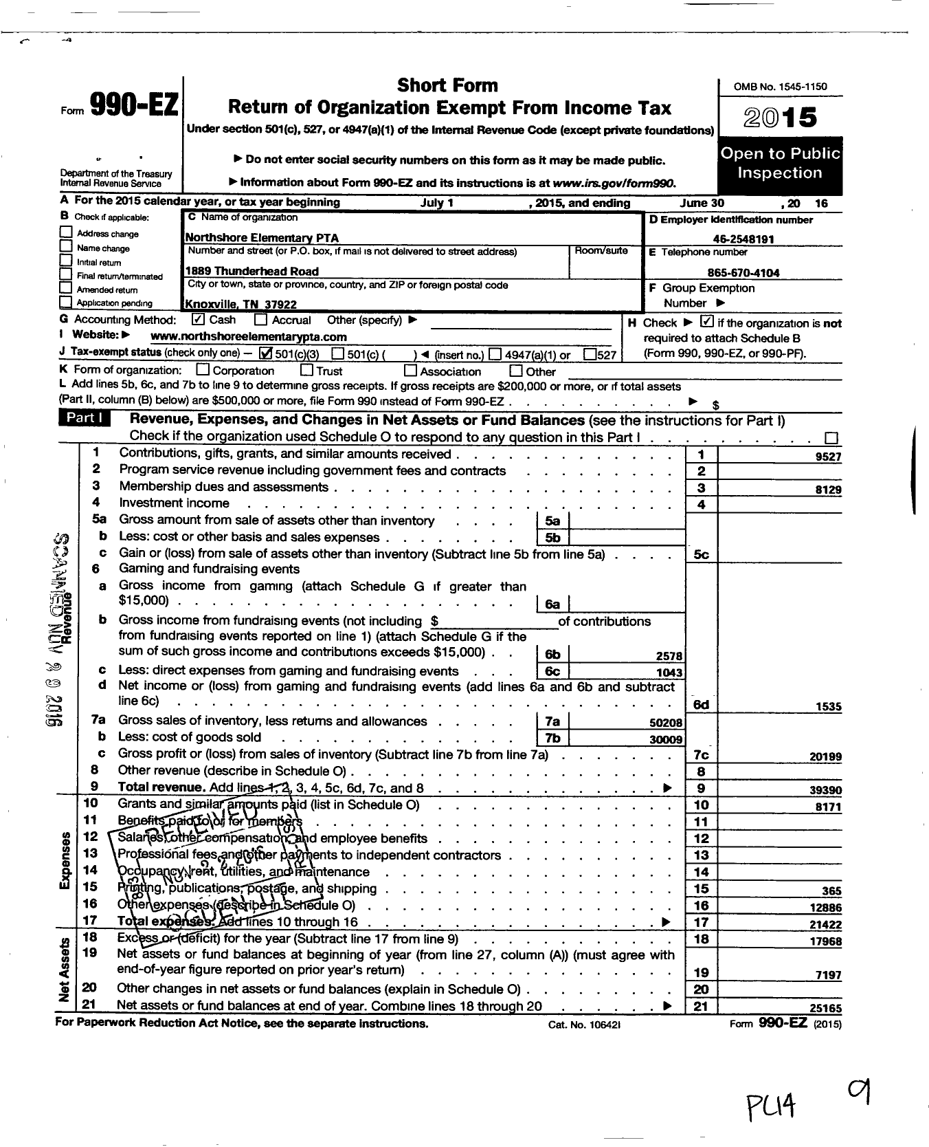 Image of first page of 2015 Form 990EZ for Northshore Elementary PTA