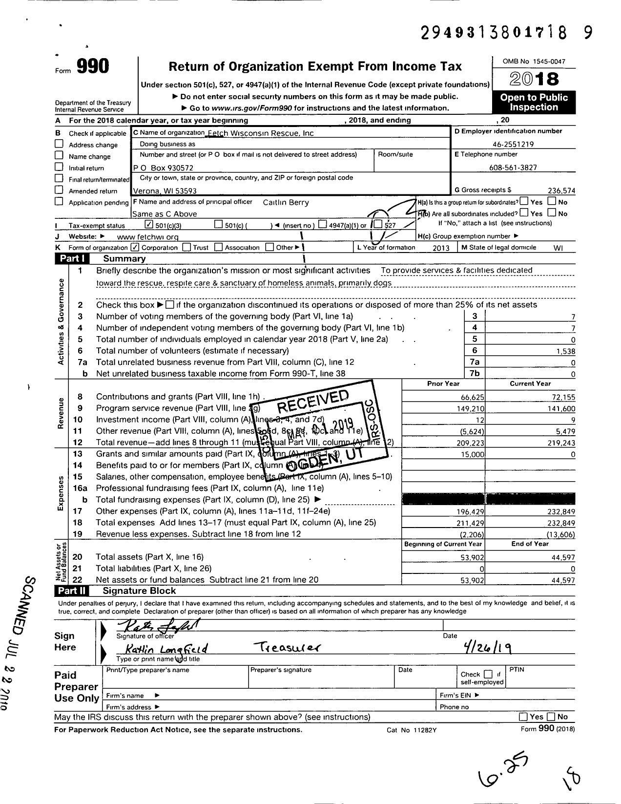 Image of first page of 2018 Form 990 for Fetch Wisconsin Rescue