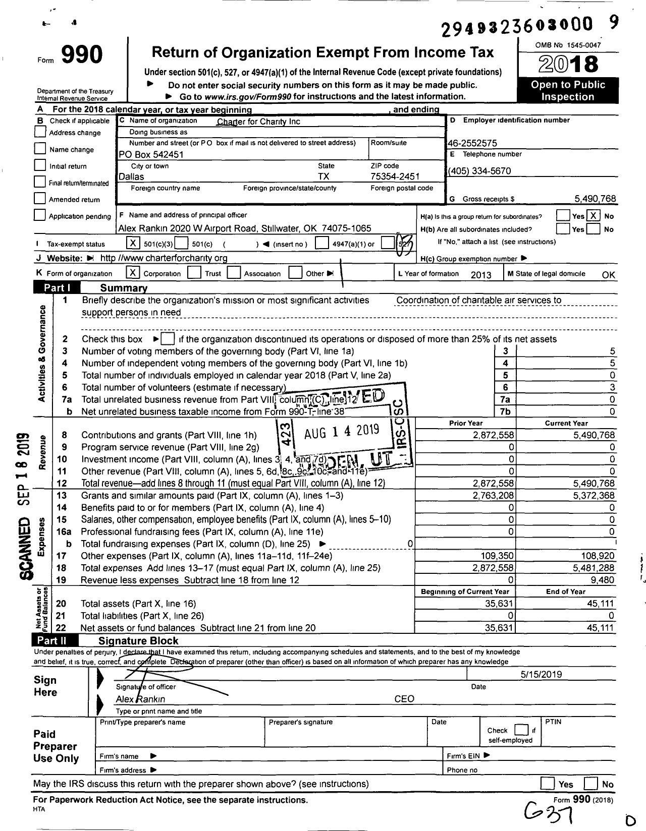 Image of first page of 2018 Form 990 for Charter for Charity