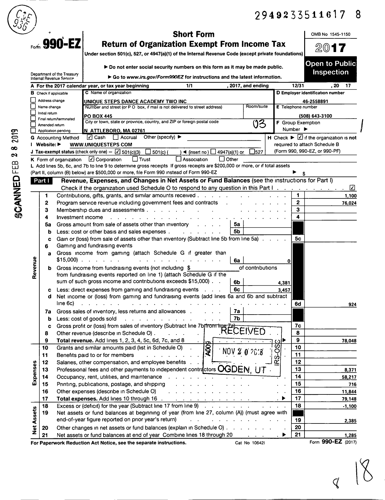 Image of first page of 2017 Form 990EZ for Unique Steps Dance Academy Two