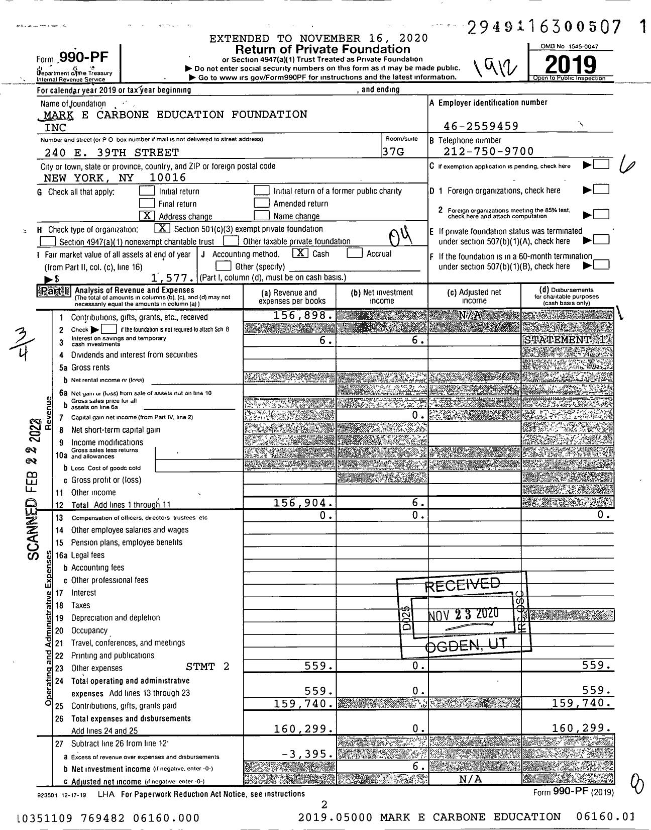 Image of first page of 2019 Form 990PF for Mark E Carbone Education Foundation
