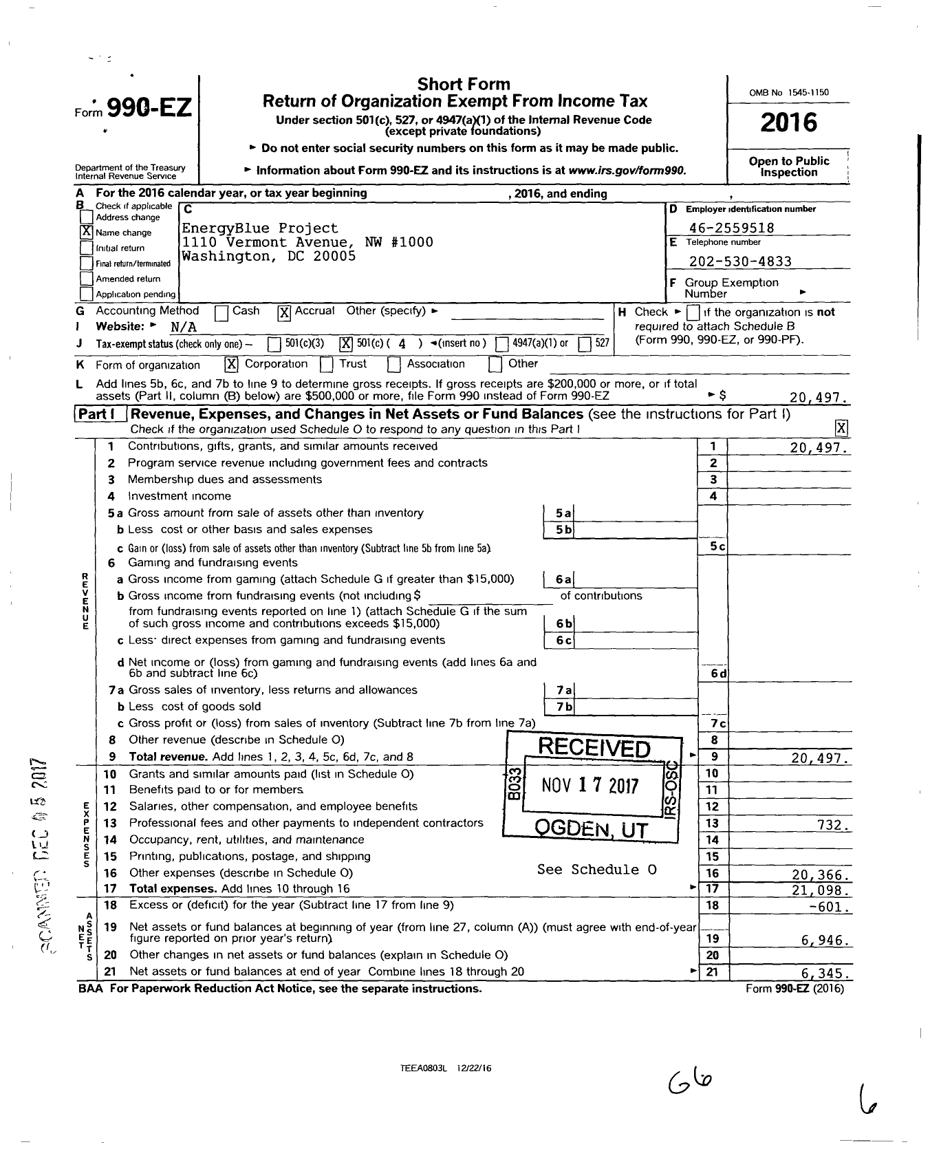 Image of first page of 2016 Form 990EO for Energyblue Project