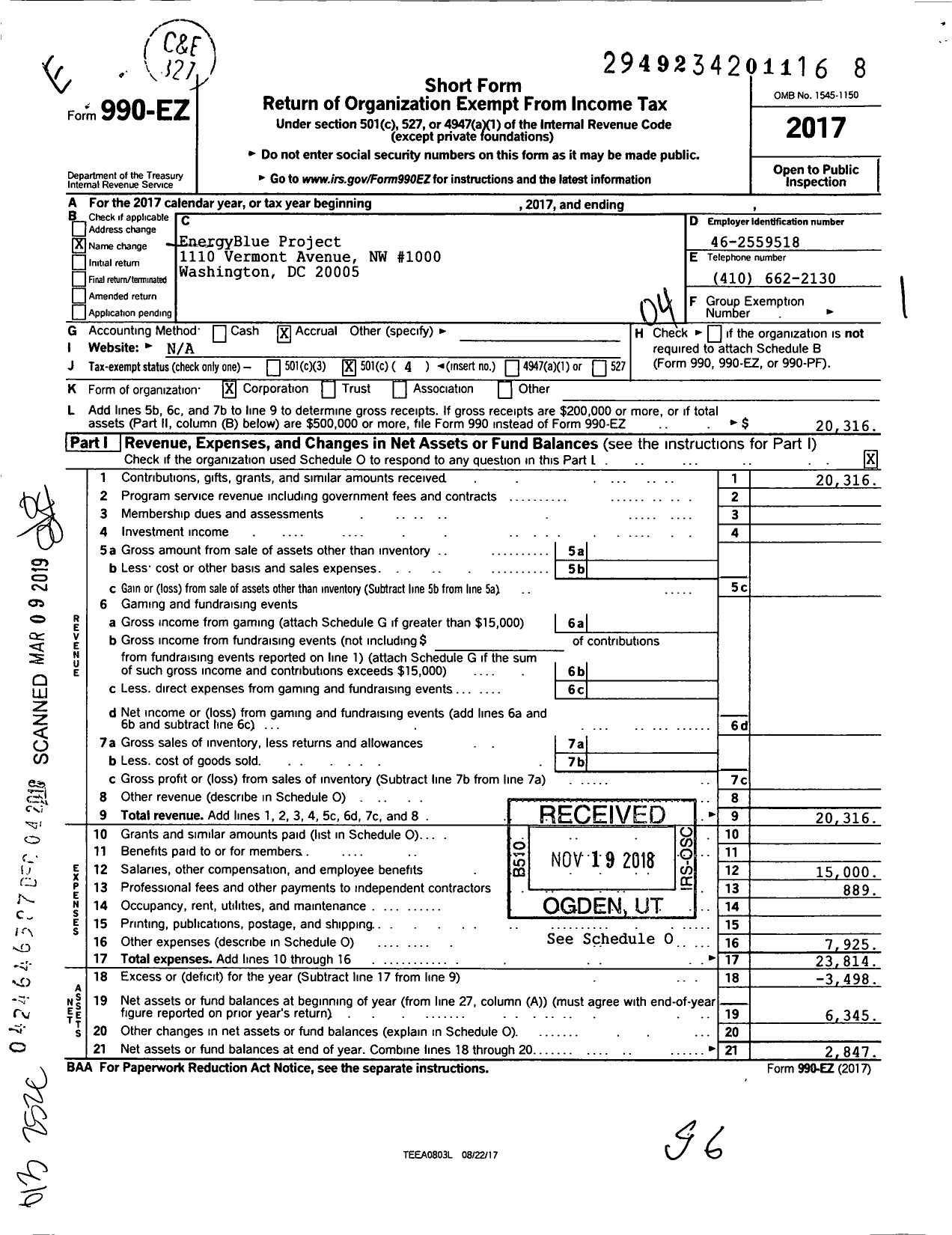 Image of first page of 2017 Form 990EO for Energyblue Project