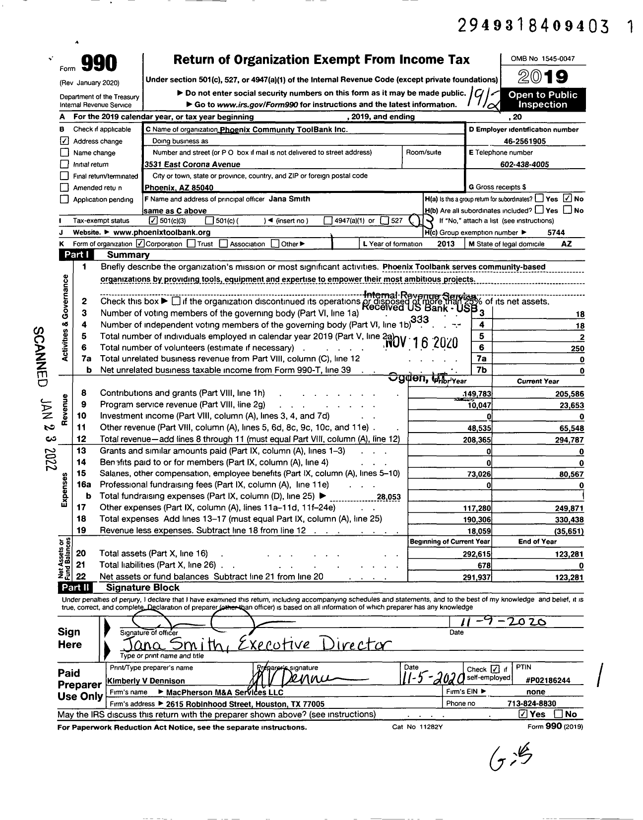 Image of first page of 2019 Form 990 for Phoenix ToolBank