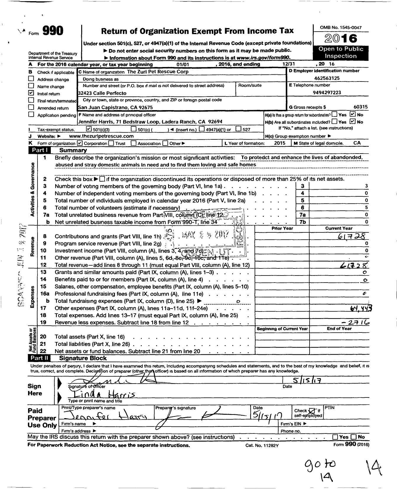 Image of first page of 2016 Form 990 for Zuri Pet Rescue Corporation