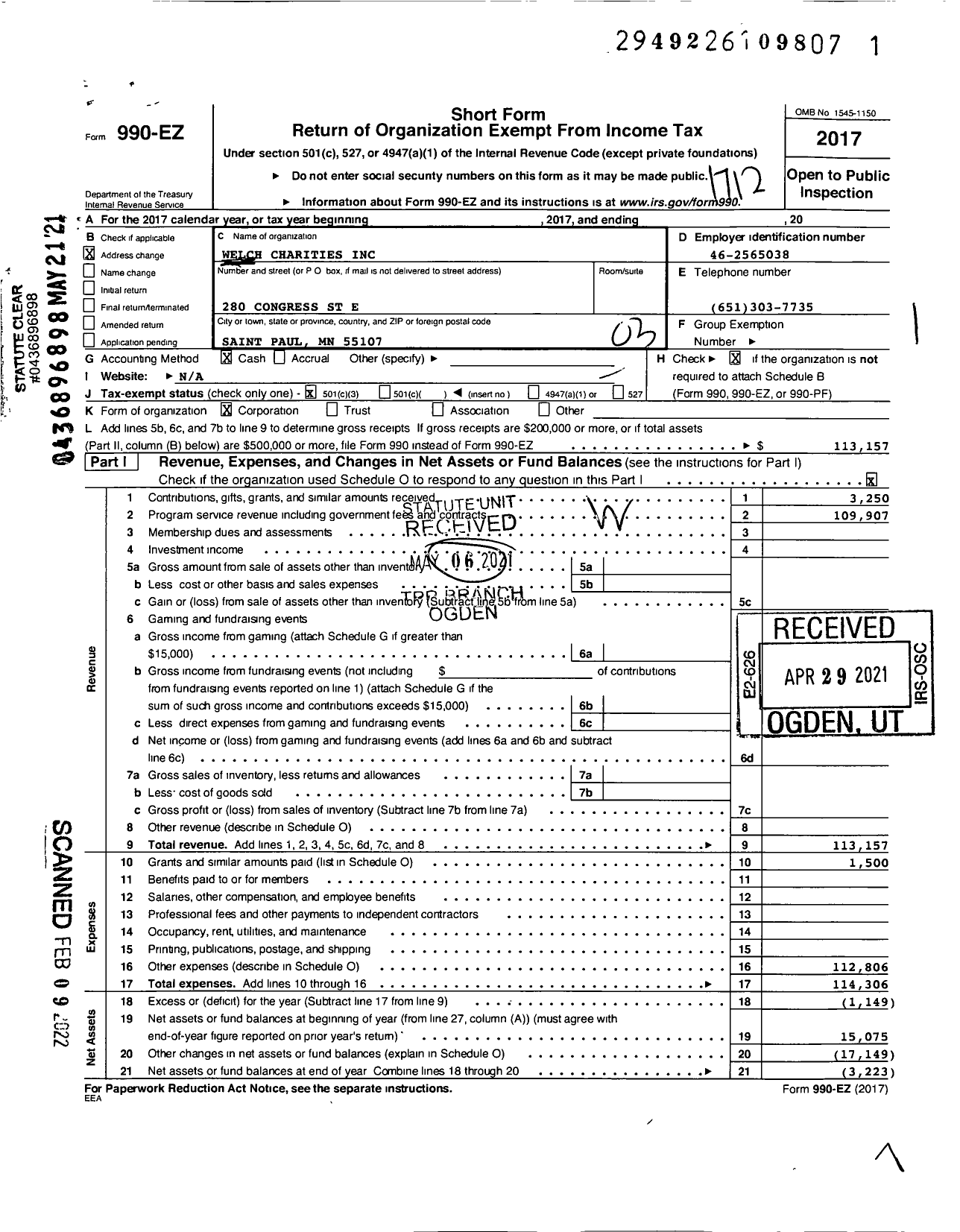 Image of first page of 2017 Form 990EZ for Welch Charities