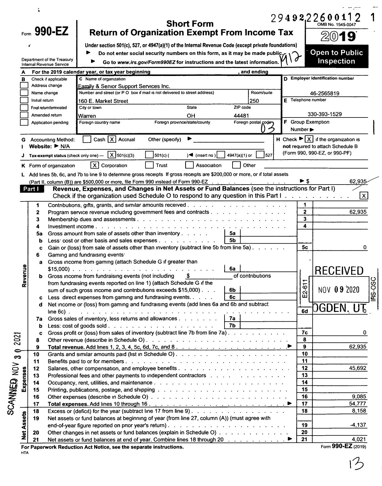 Image of first page of 2019 Form 990EZ for Family and Senior Support Services