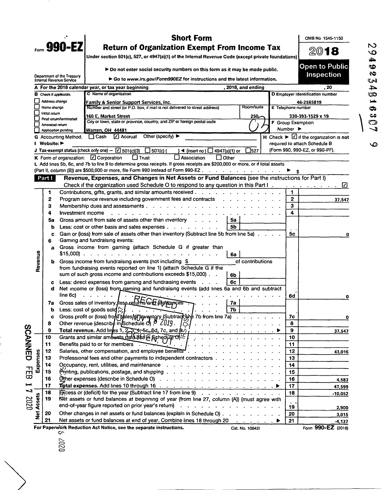 Image of first page of 2018 Form 990EZ for Family and Senior Support Services