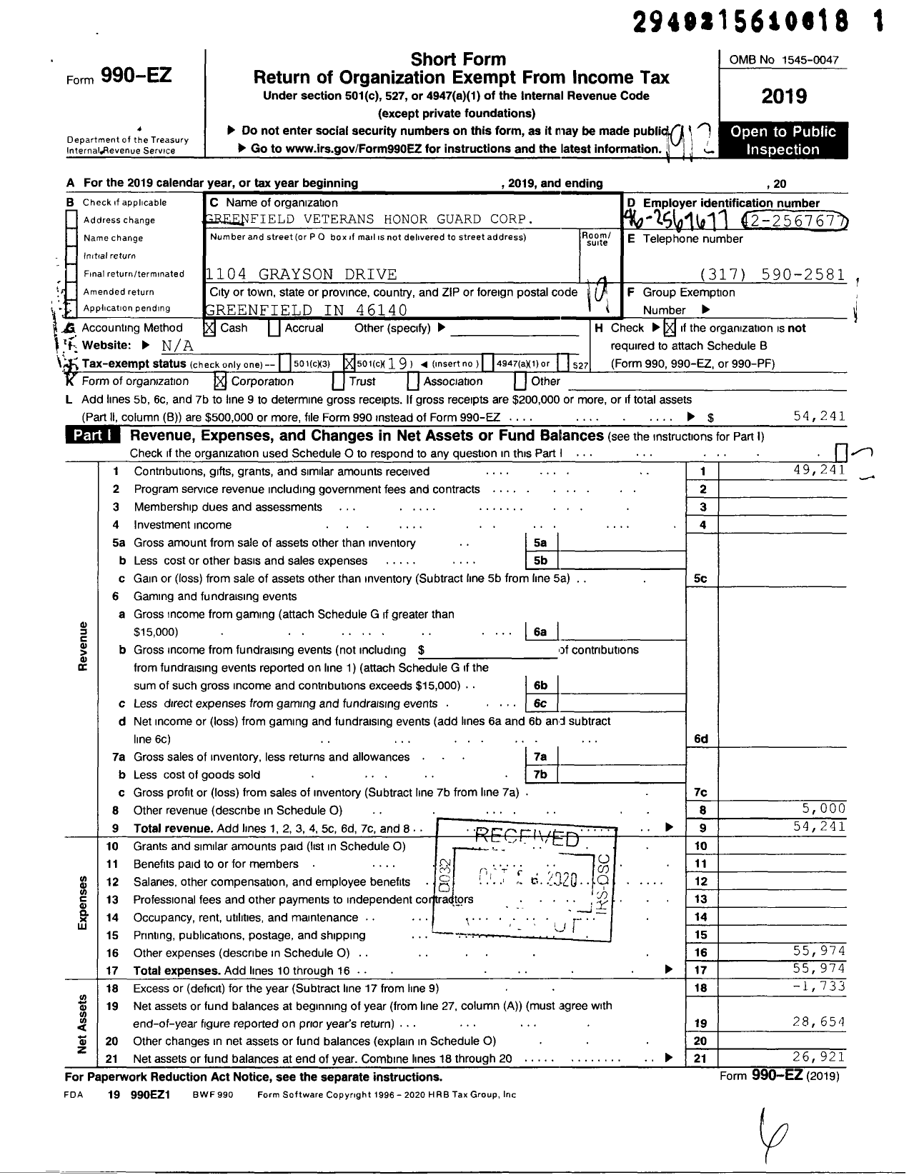 Image of first page of 2019 Form 990EO for Greenfield Veterans Honor Guard