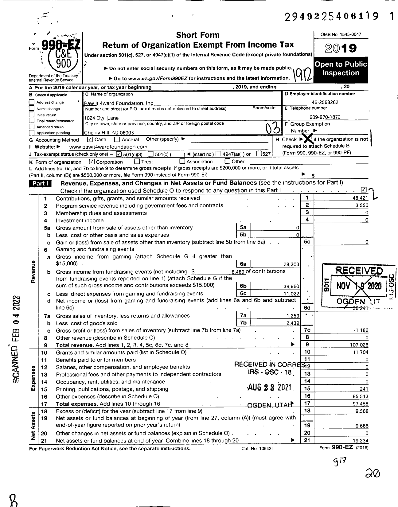 Image of first page of 2019 Form 990EZ for Paw It 4ward Foundation