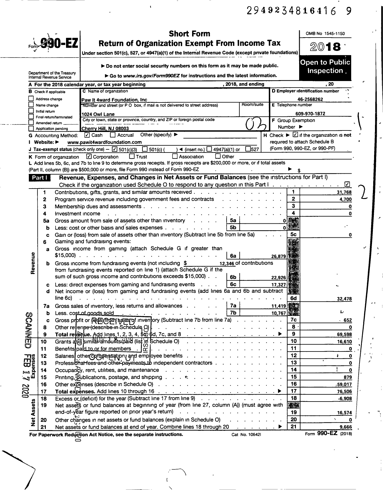 Image of first page of 2018 Form 990EZ for Paw It 4ward Foundation