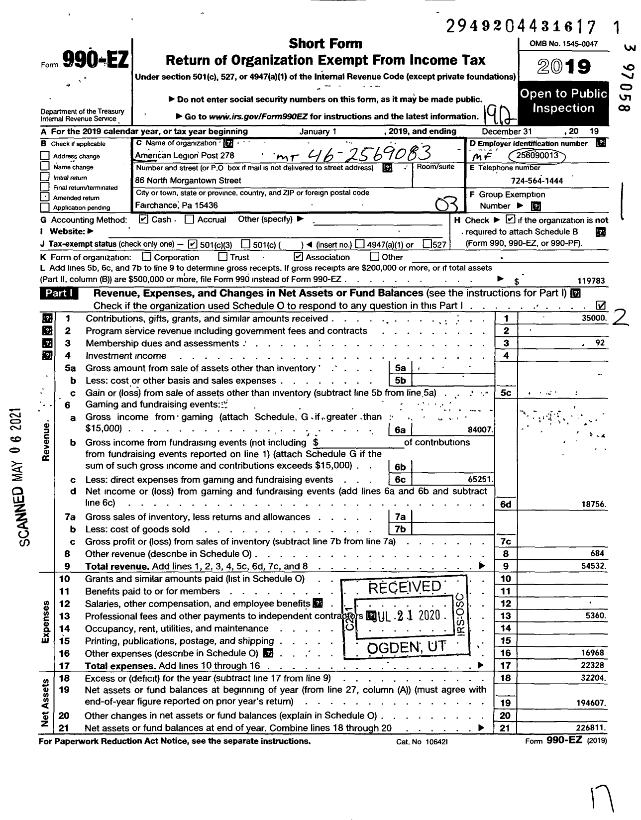 Image of first page of 2019 Form 990EZ for American Legion Post 278