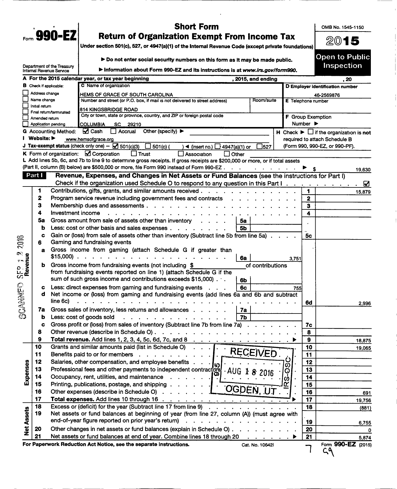 Image of first page of 2015 Form 990EZ for Hems of Grace of South Carolina