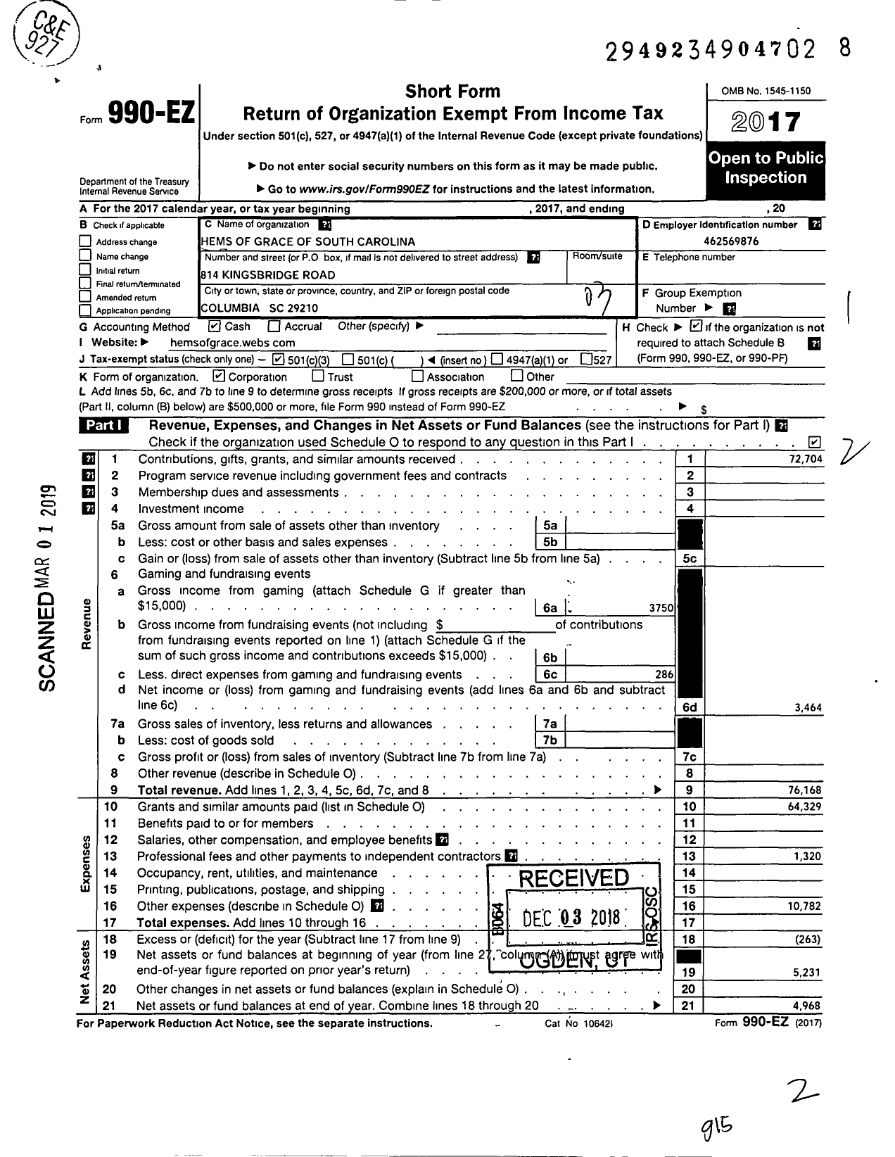 Image of first page of 2017 Form 990EZ for Hems of Grace of South Carolina