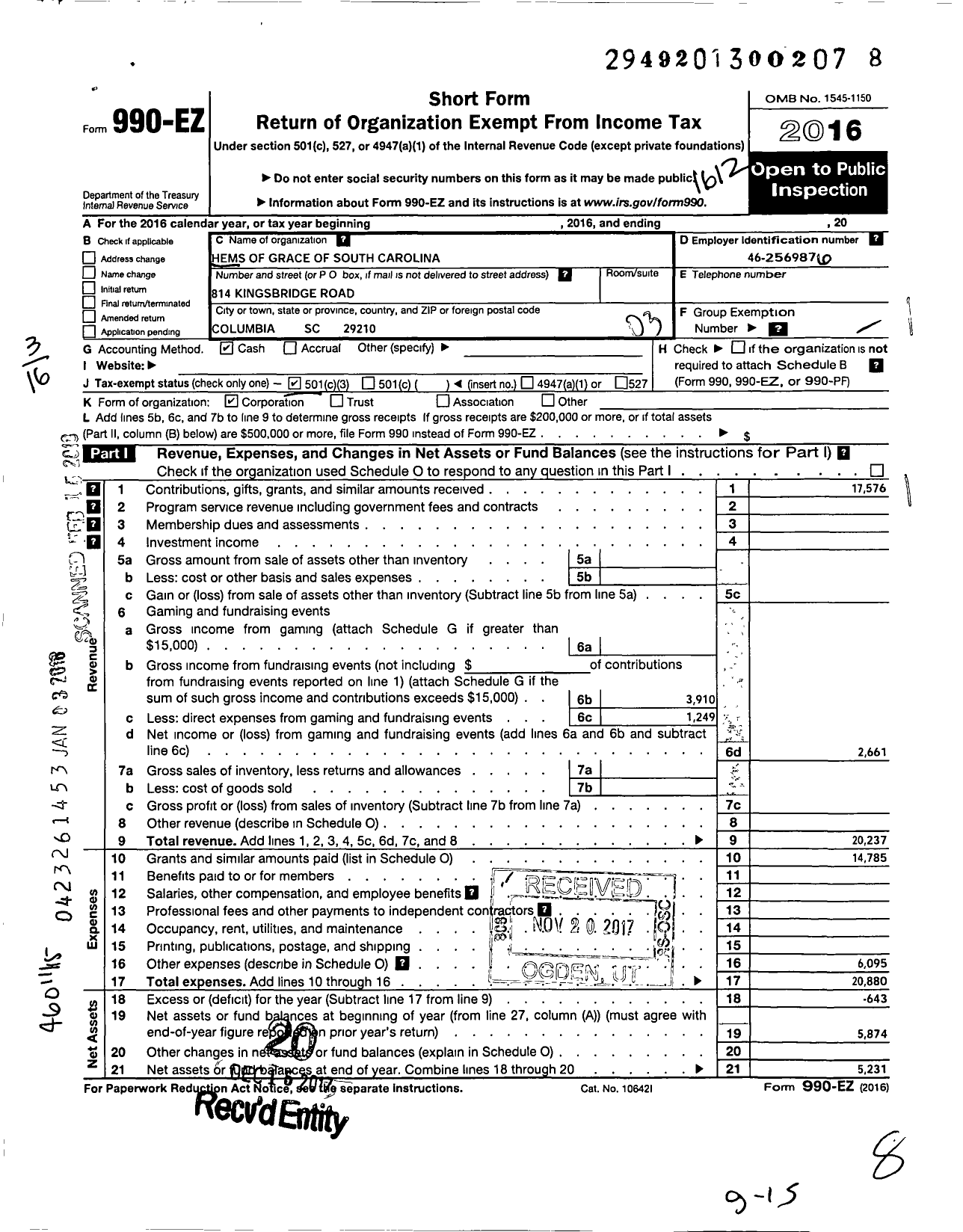 Image of first page of 2016 Form 990EZ for Hems of Grace of South Carolina