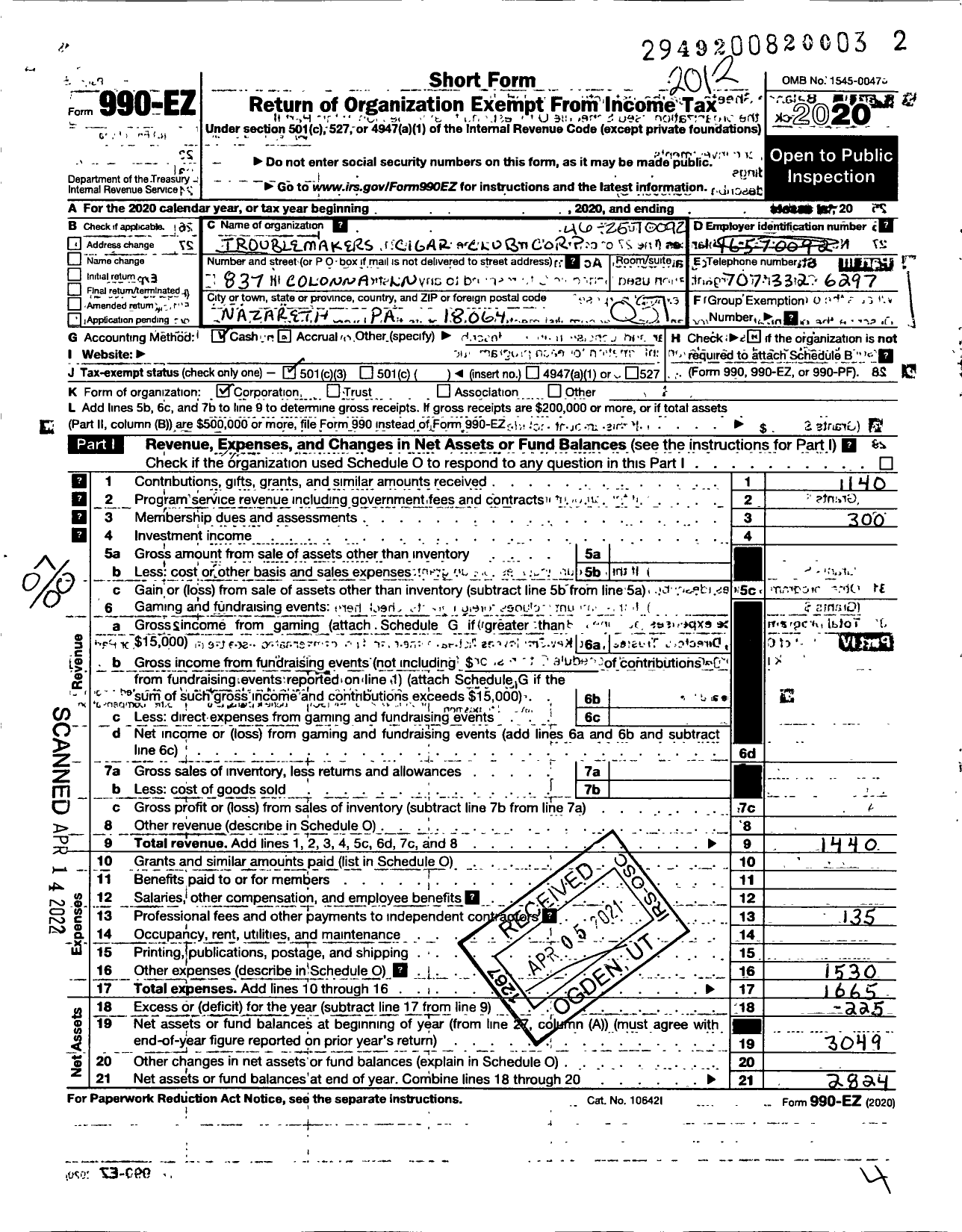 Image of first page of 2020 Form 990EO for Troublemakers Cigar Club Corporation