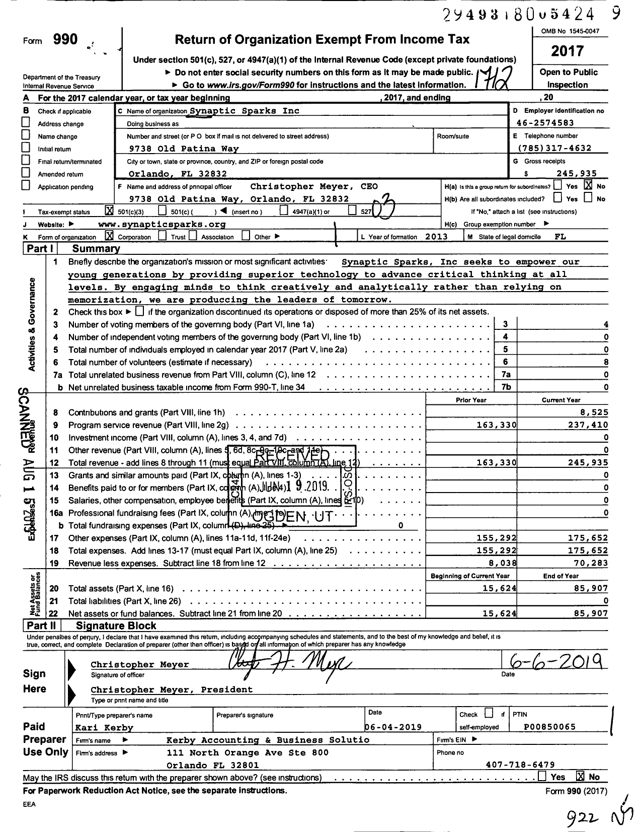 Image of first page of 2017 Form 990 for Synaptic Sparks