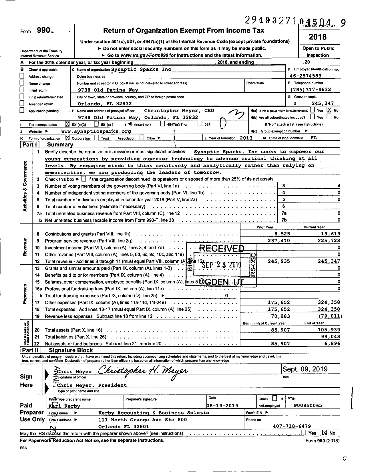 Image of first page of 2018 Form 990 for Synaptic Sparks