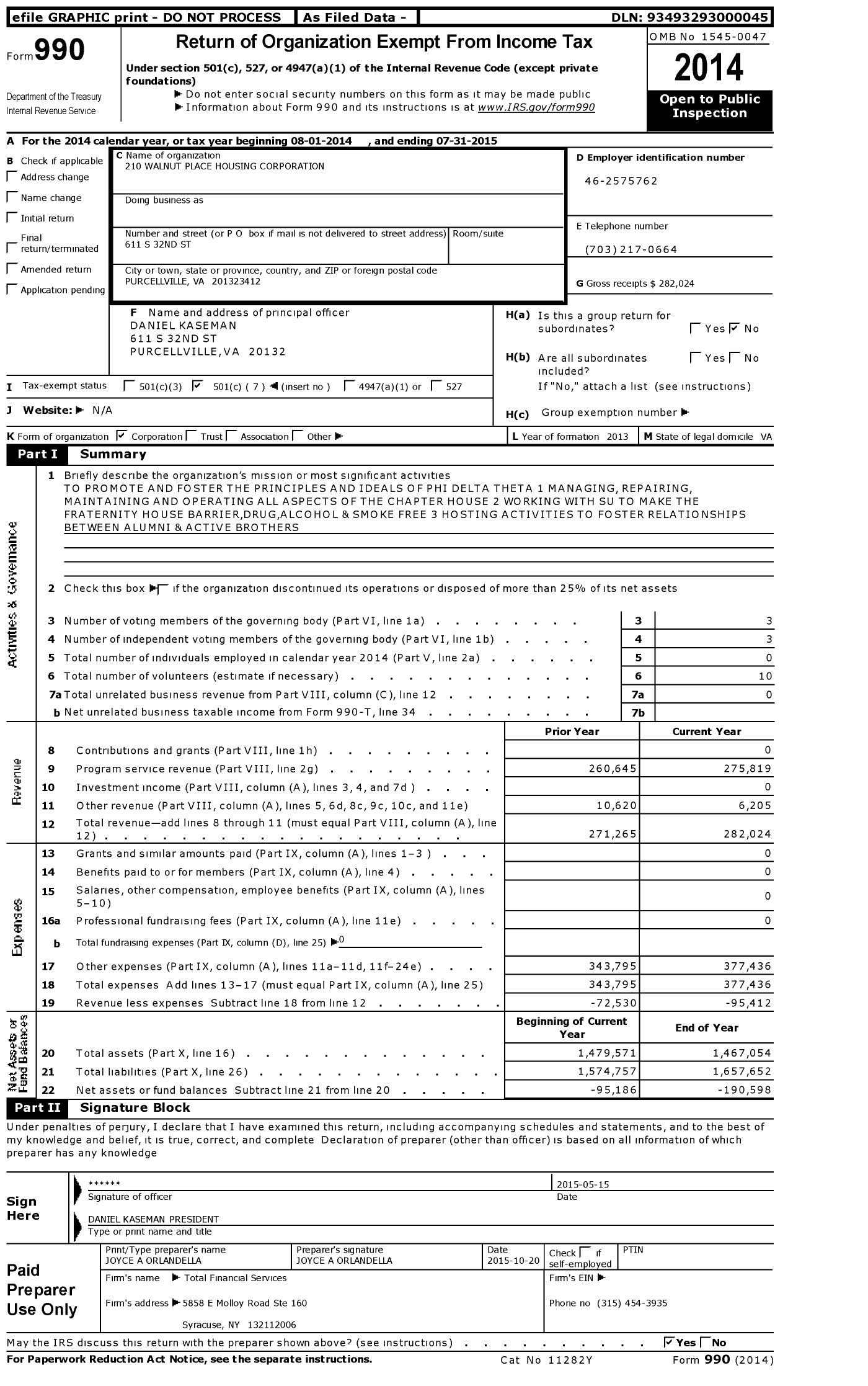 Image of first page of 2014 Form 990O for 210 Walnut Place Housing Corporation