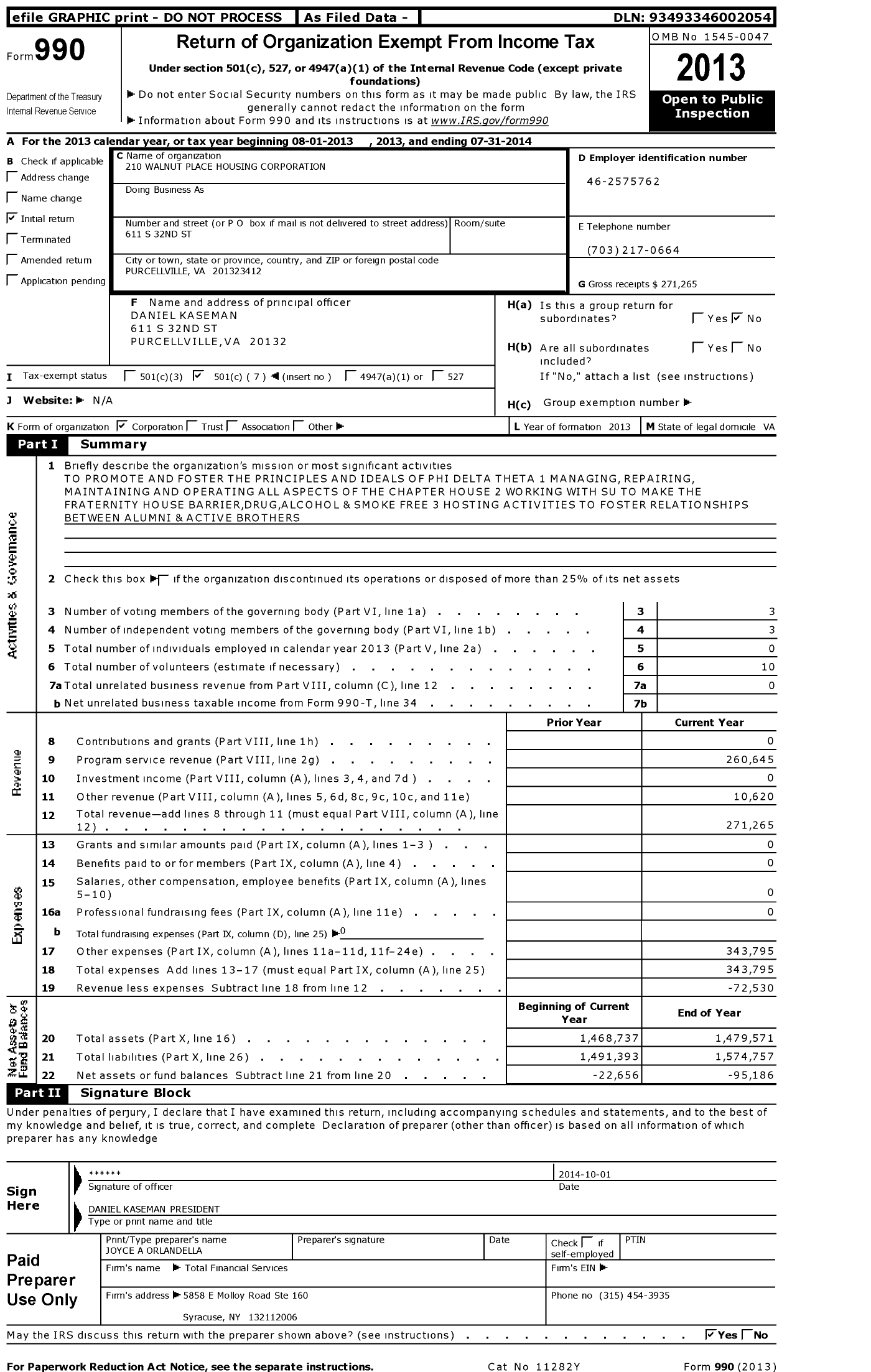Image of first page of 2013 Form 990O for 210 Walnut Place Housing Corporation