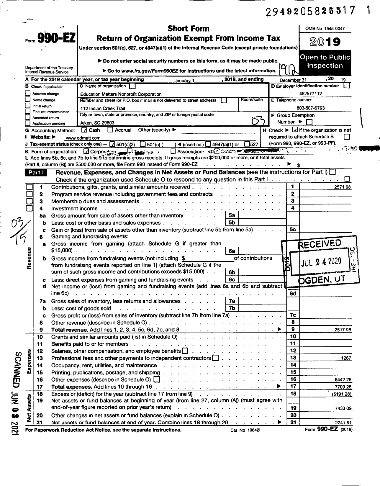 Image of first page of 2019 Form 990EZ for Education Matters