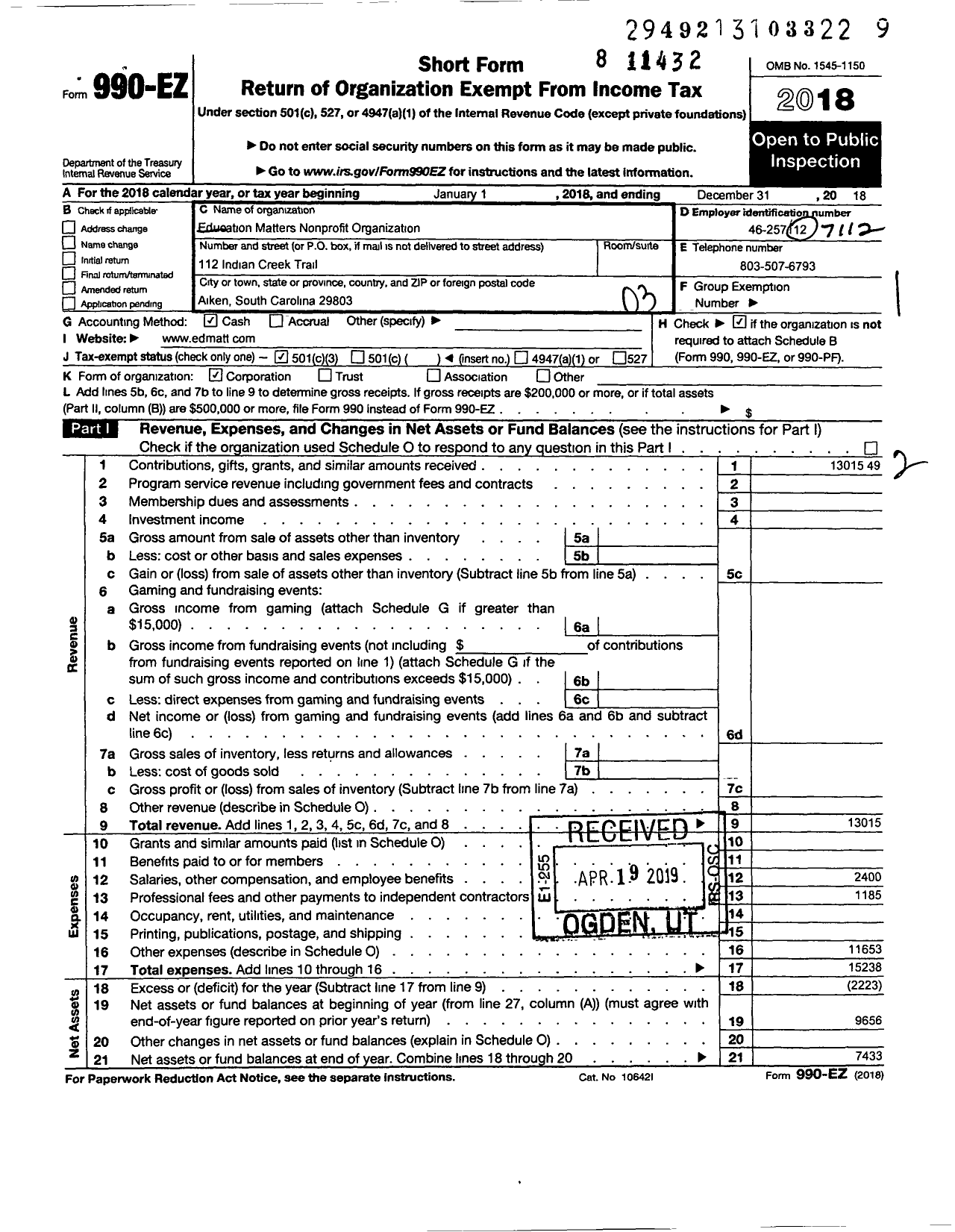 Image of first page of 2018 Form 990EZ for Education Matters