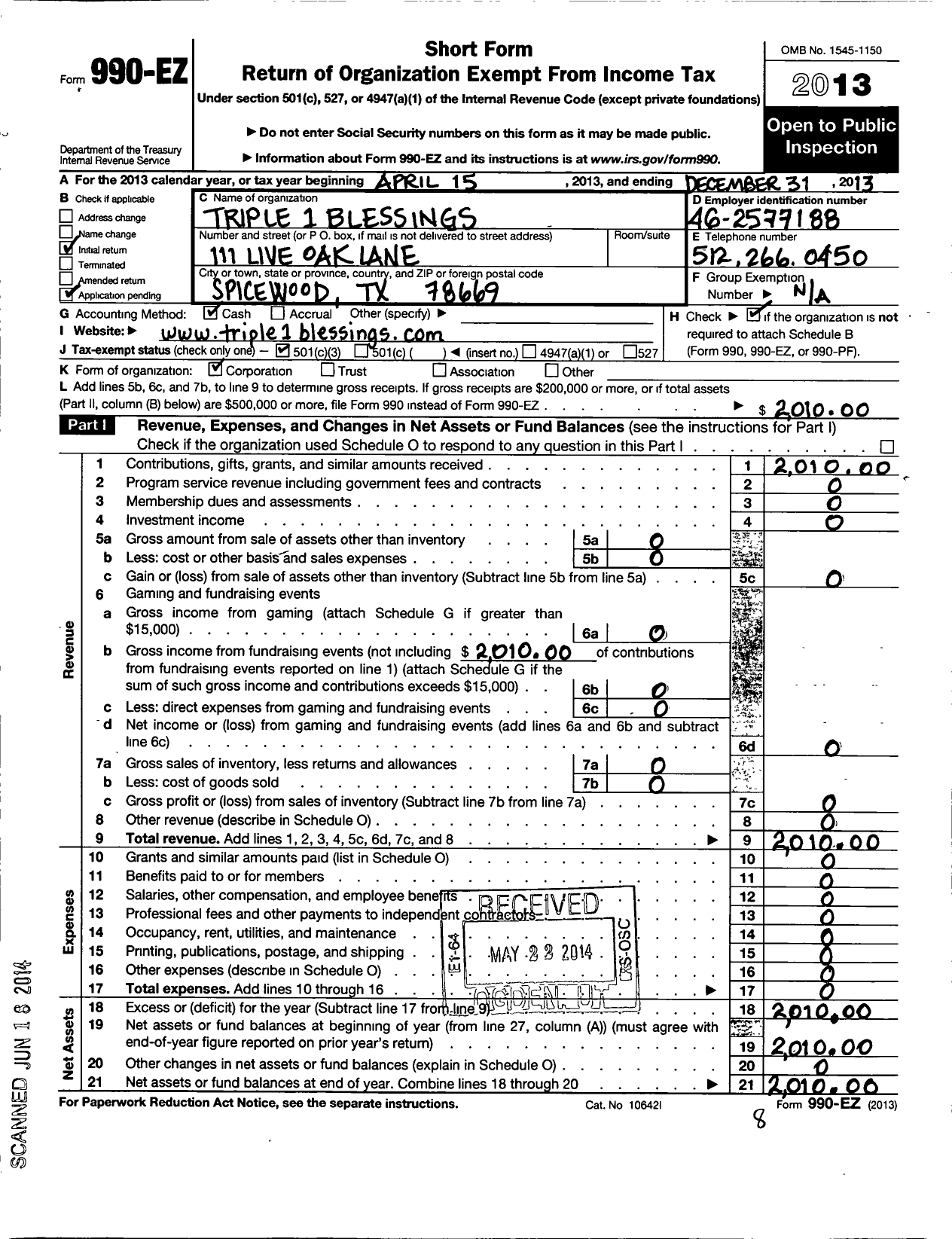 Image of first page of 2013 Form 990EZ for Triple 1 Blessings