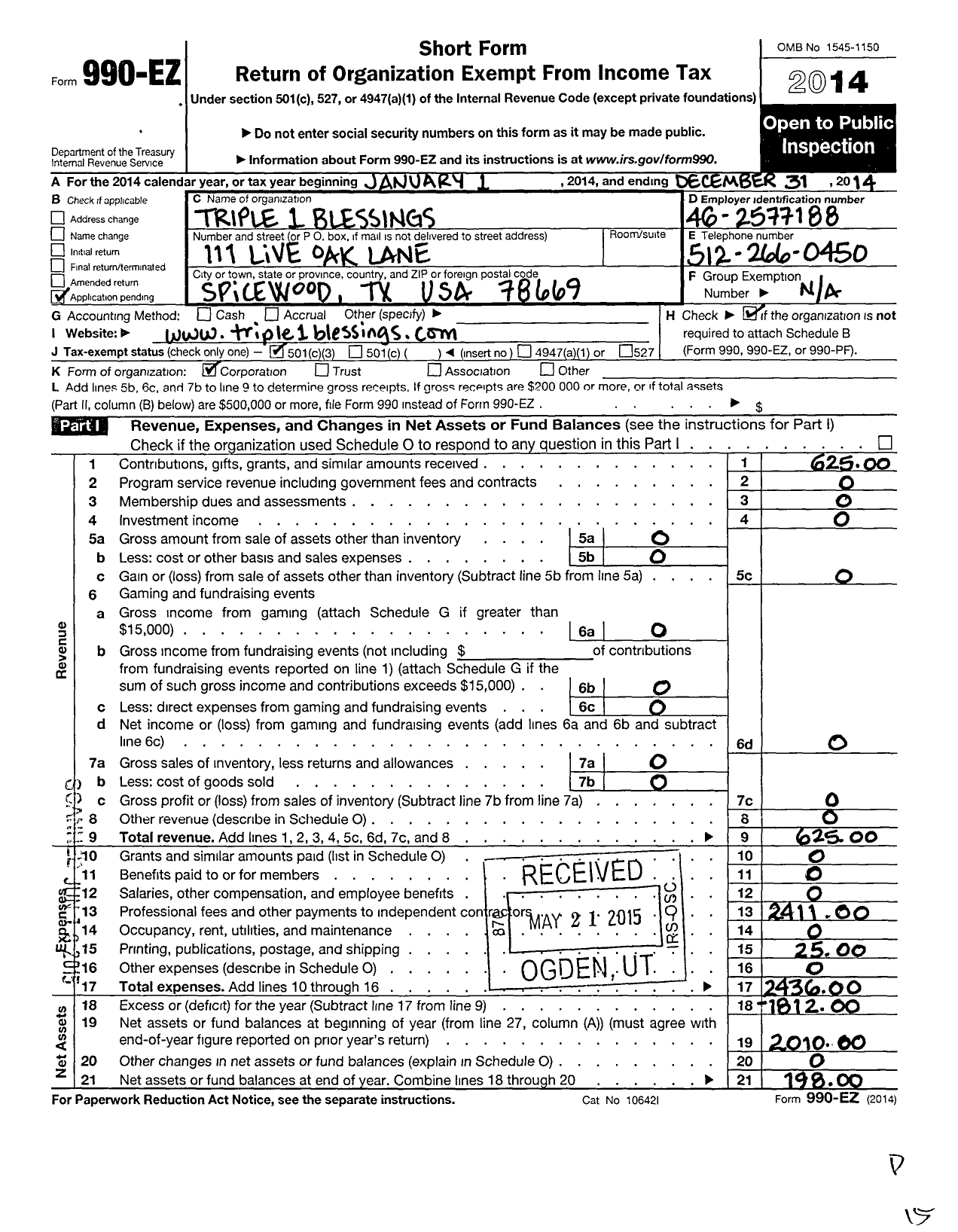 Image of first page of 2014 Form 990EZ for Triple 1 Blessings