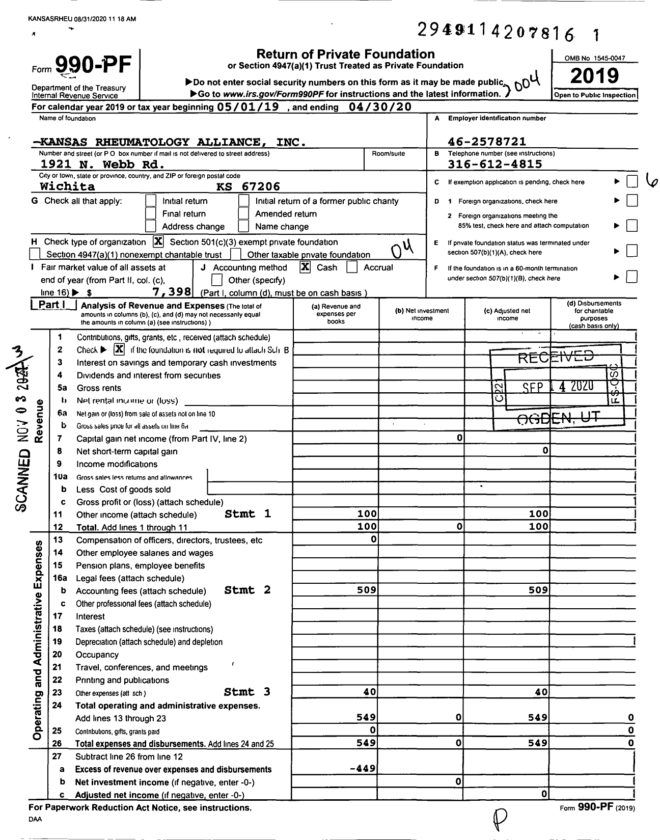 Image of first page of 2019 Form 990PF for Kansas Rheumatology Alliance