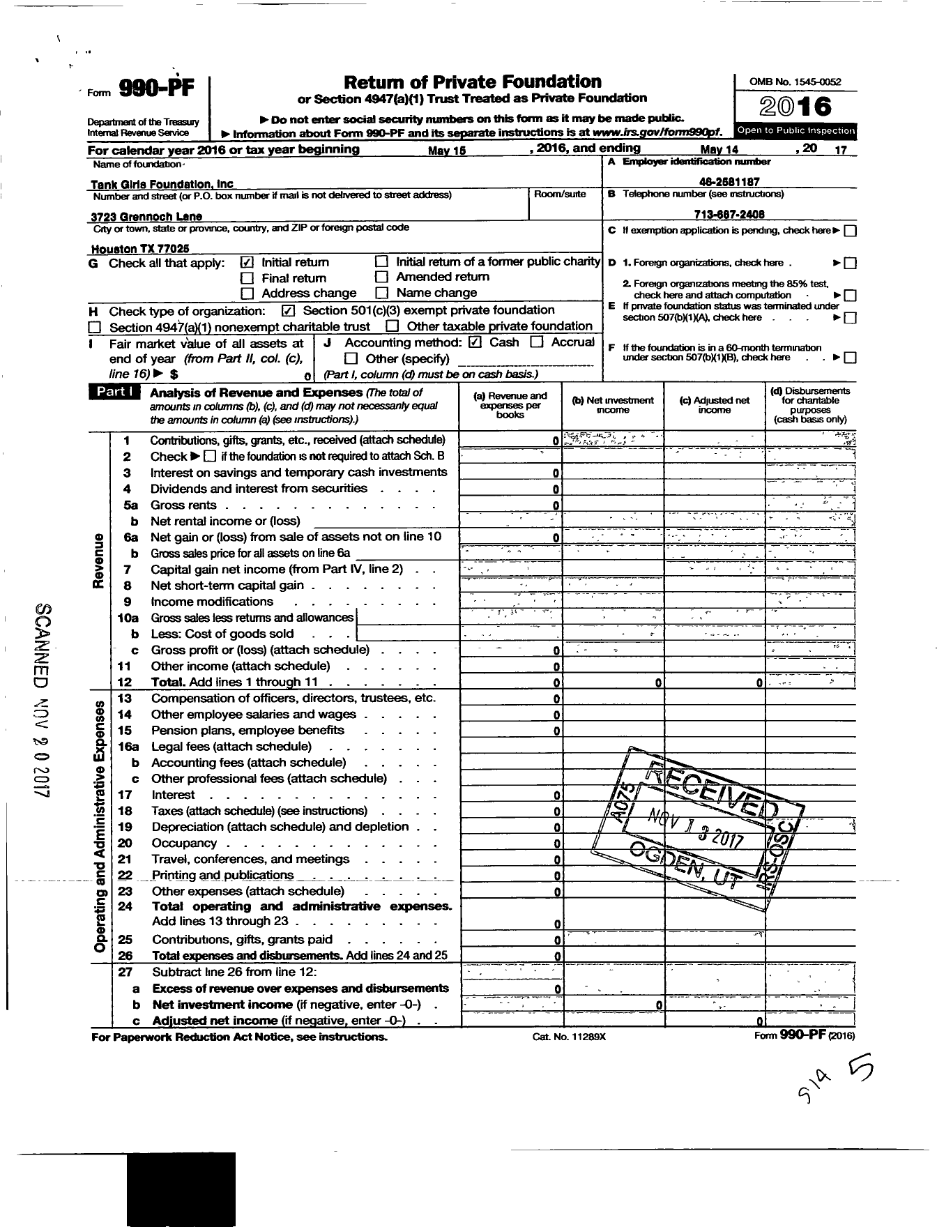 Image of first page of 2016 Form 990PF for Tank Girls Foundation