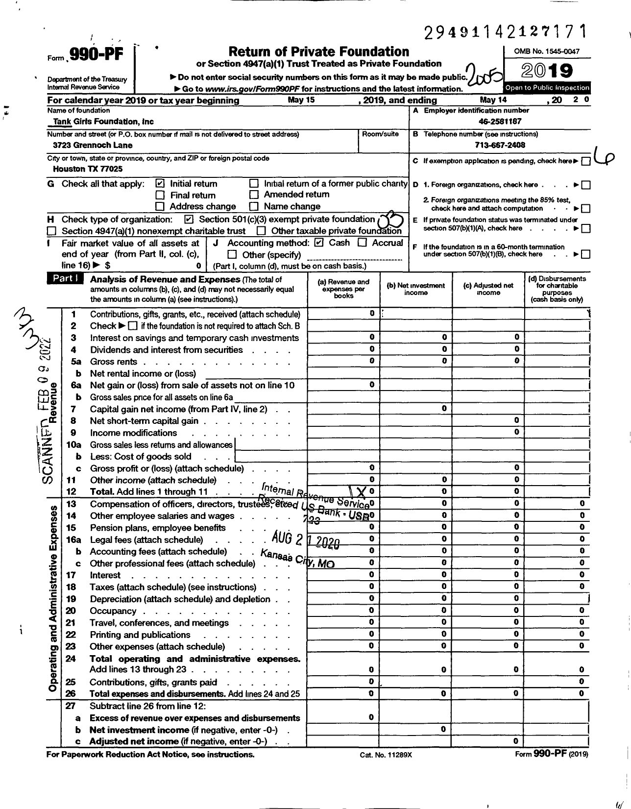 Image of first page of 2019 Form 990PF for Tank Girls Foundation