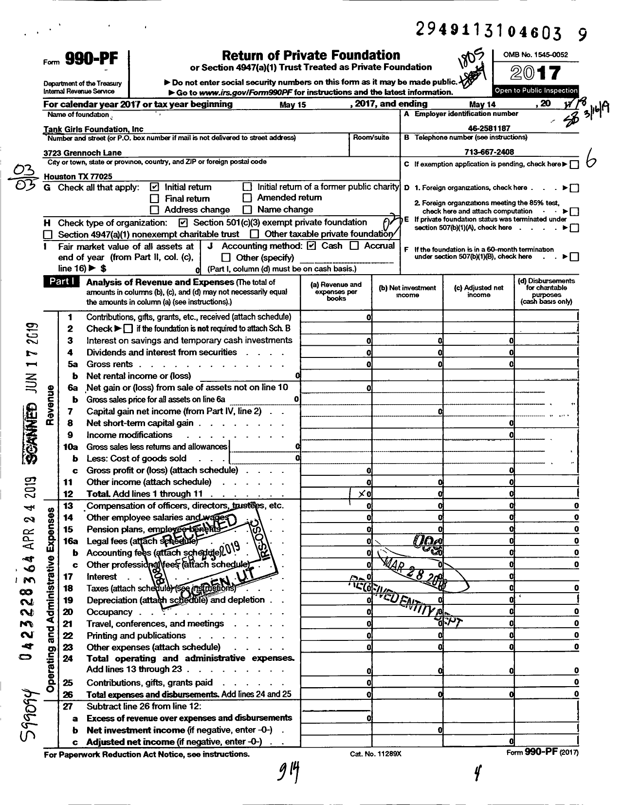 Image of first page of 2017 Form 990PF for Tank Girls Foundation